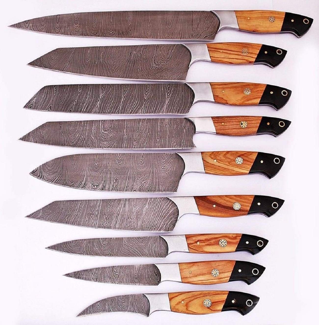 Premium Damascus Steel Chef Knife Set - 9-Piece Handcrafted Kitchen Knives with Leather Sheath | Professional Cooking, Meat Cutting & Gourmet Food Preparation