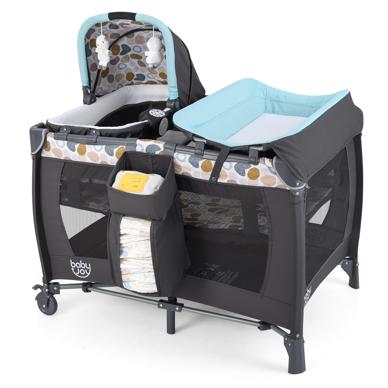 BABY JOY 5-in-1 Portable Playard with Bassinet, Changing Table & Toy Bar - Baby Nursery Center with Music, Storage Bag & Detachable Toys (Blue Dot Circle) - Perfect for Travel, Daycare & Home Use
