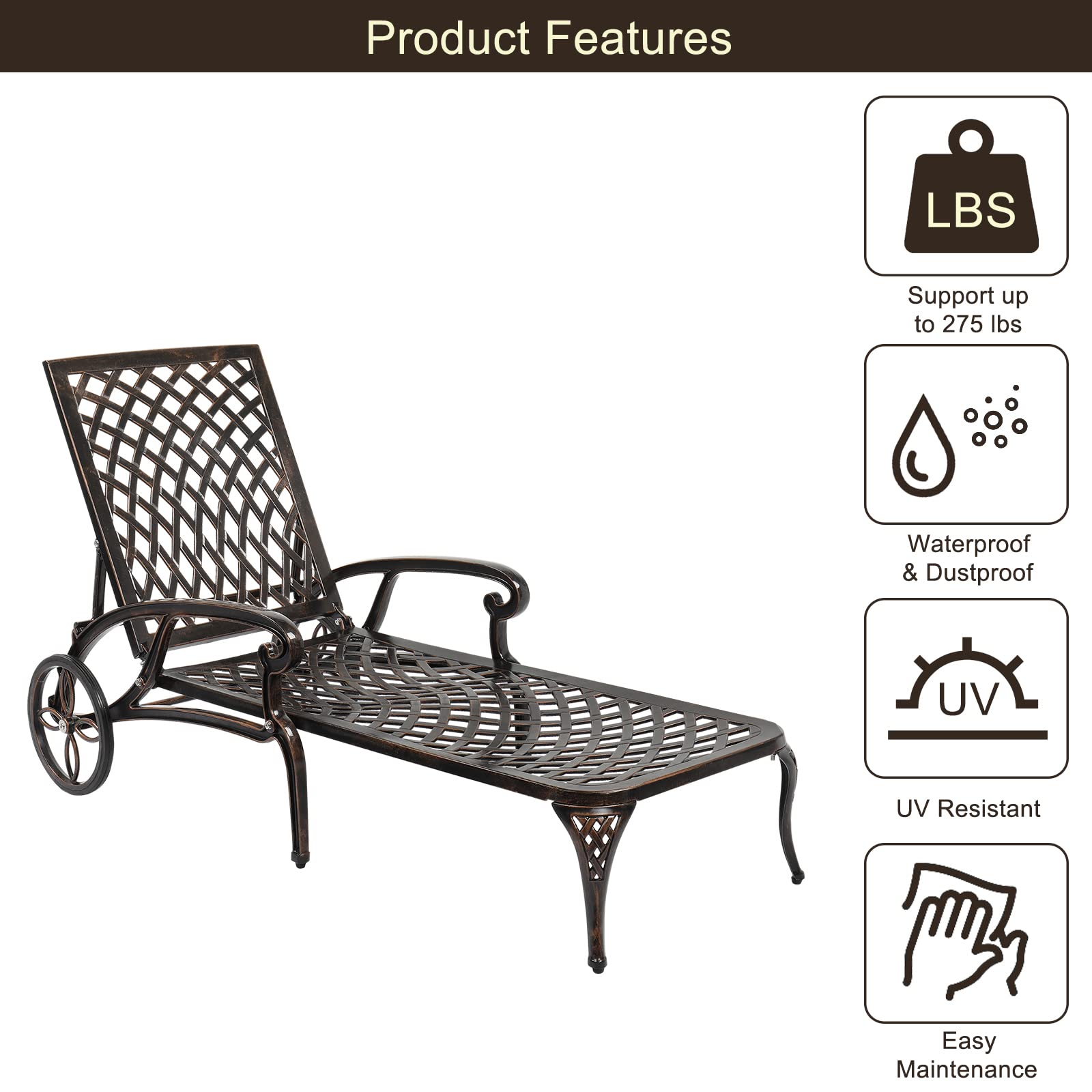 VINGLI Heavy Duty Cast Aluminum Outdoor Chaise Lounge Chair with Wheels - 3-Position Adjustable Backrest Patio Sunbathing Chair for Poolside, Beach & Backyard Relaxation (Bronze, Cushion Not Included)