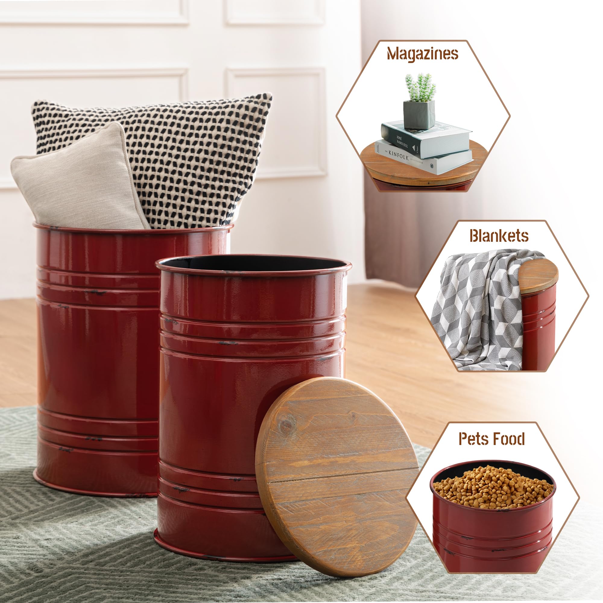 Glitzhome 2-Piece Farmhouse Nesting Tables with Storage Lids - Rustic Metal Barrel Side Tables for Living Room, Bedroom, Office - Red | Perfect for Small Space Decor & Extra Storage