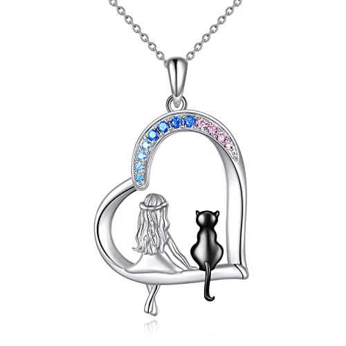 Silver gilr and black cat necklace