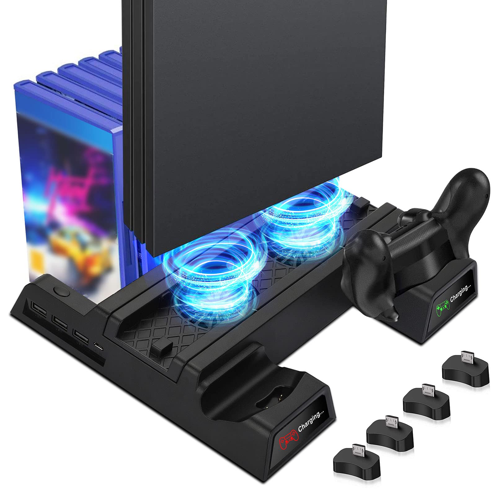 EEEKit PS4 Cooling Fan with Vertical Stand, 2 Controller Charging Stations & 12 Game Storage - Compatible with PlayStation PS4, PS4 Slim, PS4 Pro - Perfect for Gaming Sessions & Console Protection