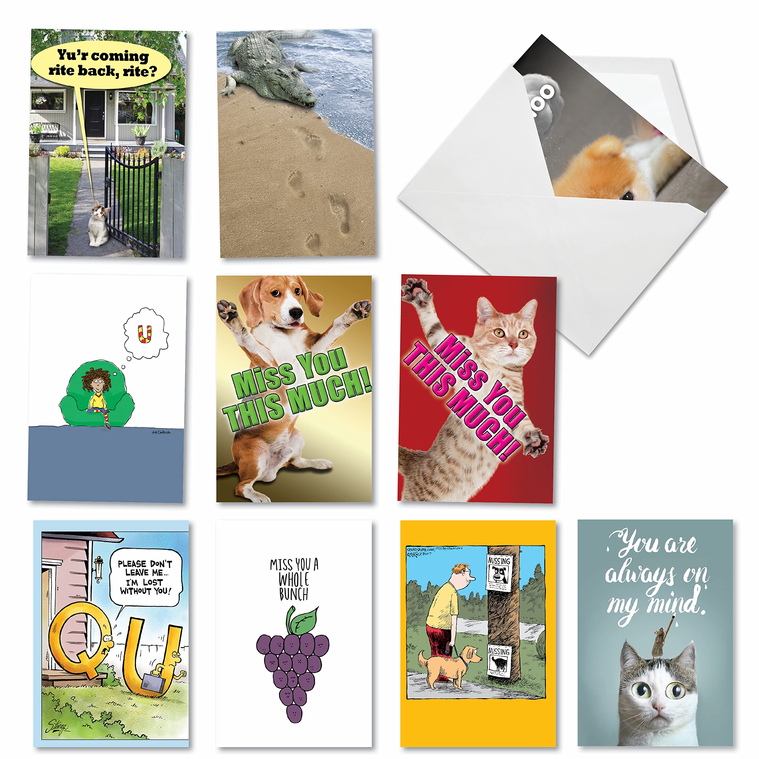 10 Funny I Miss You Greeting Cards with Envelopes - Animal Friendship Stationery Set for Long Distance Friends, Couples & Family - Perfect for Birthdays, Anniversaries & Just Because Gifts - AC3695MYG-B1x10