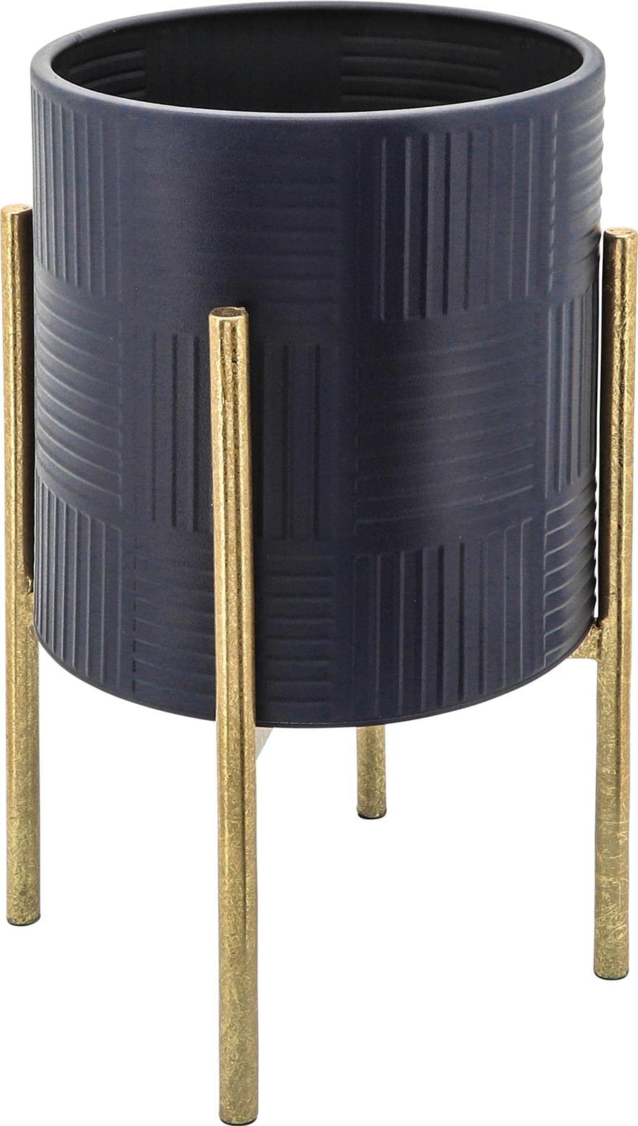 Sagebrook Home Set of 2 Textured Ceramic Plant Pots with Metal Stand - Navy Blue & Gold (12629-17) | Indoor Outdoor Home Decor for Living Room, Patio, or Garden