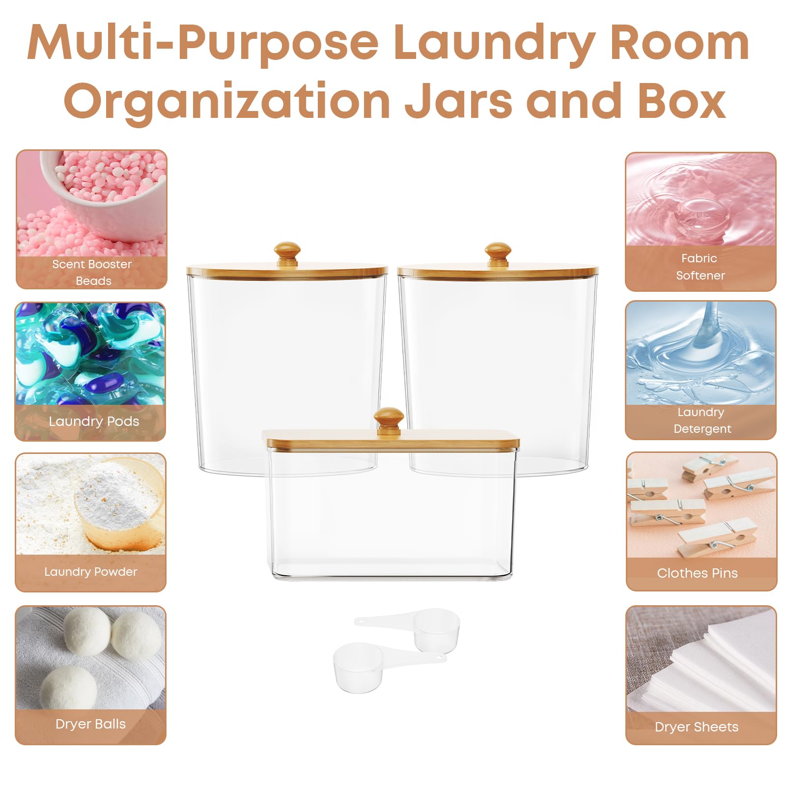 3 Pack Laundry Detergent Storage Containers with Lids - Plastic Laundry Room Organization Jars for Powder, Dryer Sheets & Scent Boosters - Includes Labels & Scoops - Perfect for Organized Laundry Room & Closet Storage