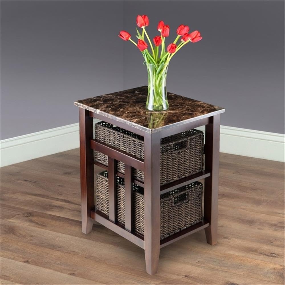 Pemberly Row Walnut Wood Side Table with Baskets for Living Room Decor