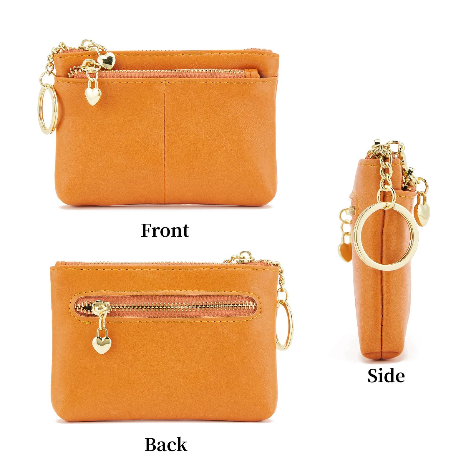 ZOOEASS Women's PU Leather Mini Coin Purse with Key Ring - Triple Zipper Card Holder Wallet for Credit Cards & Cash (Orange) | Perfect for Travel, Shopping & Everyday Use
