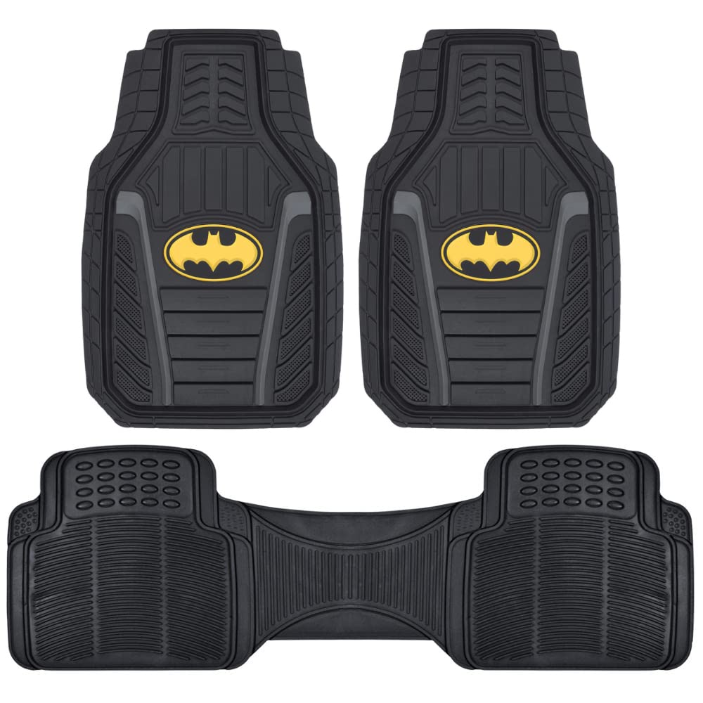 BDK Warner Bros DC Comics Armored Batman Heavy Duty All-Weather Car Mats - Non-Slip Custom Fit Rubber Floor Liners (2 Front Mats 27x18in + 1 Rear Liner 18x58in) - Perfect for SUVs, Trucks & Sedans - Superhero Themed Car Accessories for DC Fans