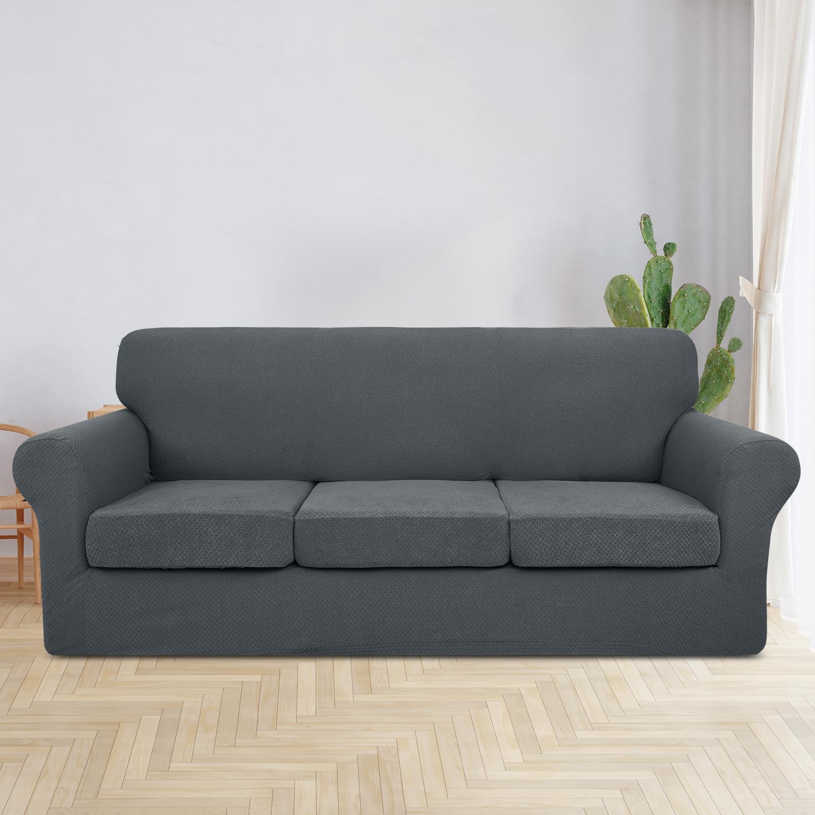 JIVINER 4-Piece Oversized Stretch Sofa Slipcover Set with 3 Extra Large Seat Cushion Covers - Thick Fitted Couch Cover for 3-Cushion Sofa - Dark Gray - Perfect for Living Room, Family Room & Home Decor