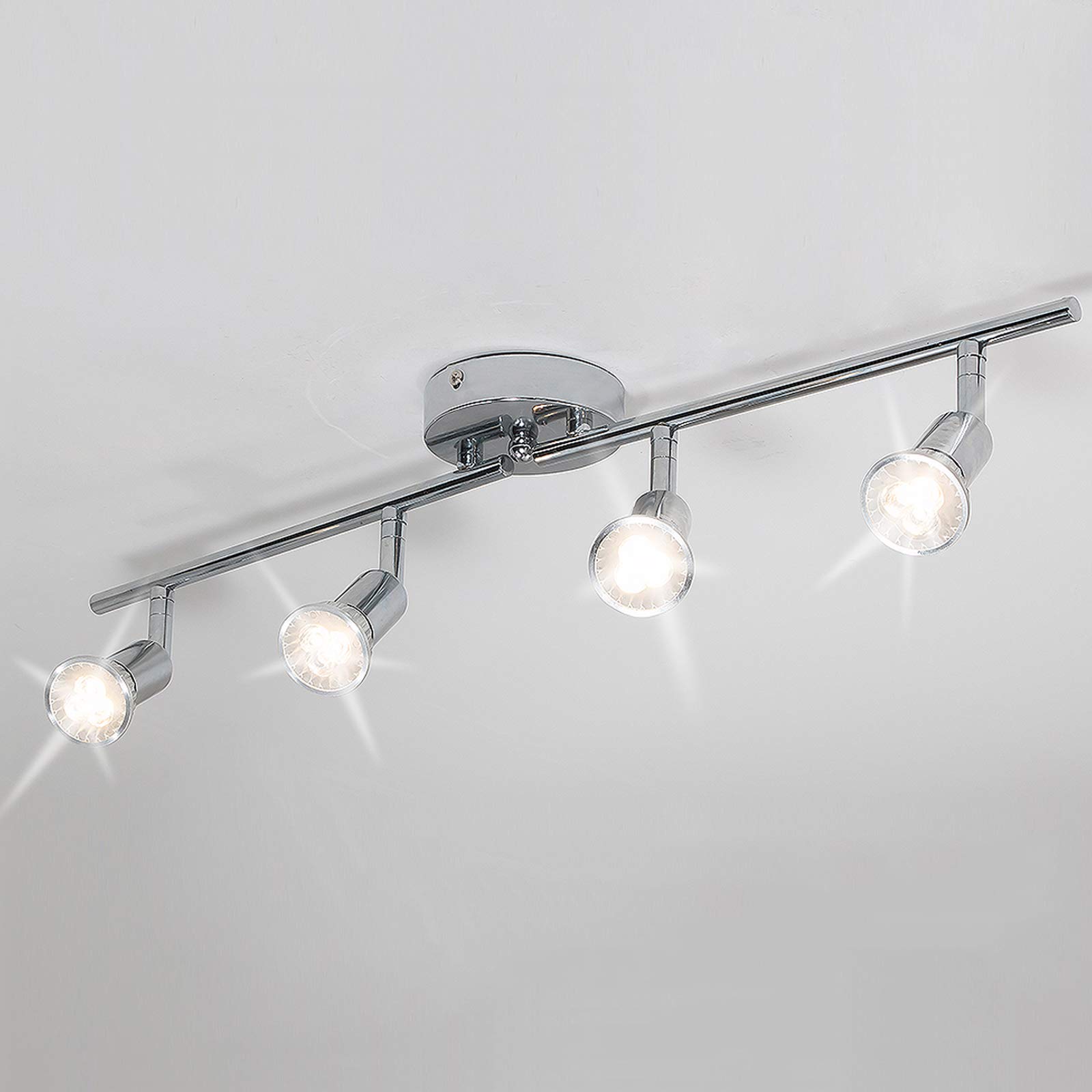 QCYUUI Modern 4-Light LED Track Lighting Kit - Adjustable Flush Mount Ceiling/Wall Spot Lights with Chrome Rotatable Heads - Includes 4×GU10 Bulbs - Perfect for Kitchen, Living Room, Dining Room & Retail Spaces