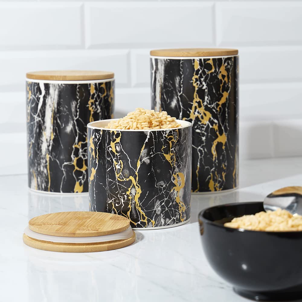Premium Black Marble 3-Piece Kitchen Canister Set with Bamboo Lids - Airtight Food Storage Containers for Flour, Sugar, Coffee, Tea, Snacks & Baking Ingredients | Modern Pantry Organization for Countertop, Kitchen & Dining Room Decor