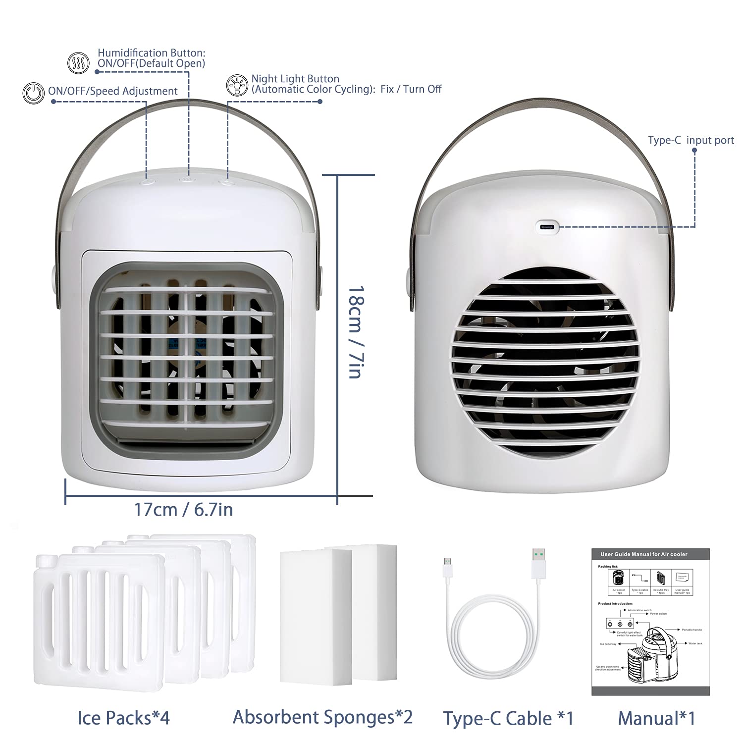Portable Air Conditioner & Personal Air Cooler - 3-in-1 Evaporative Cooling with 3 Speed Settings, Ice Packs & 2500mAh Rechargeable Battery (White) - Perfect for Bedroom, Office, Camping & Outdoor Use