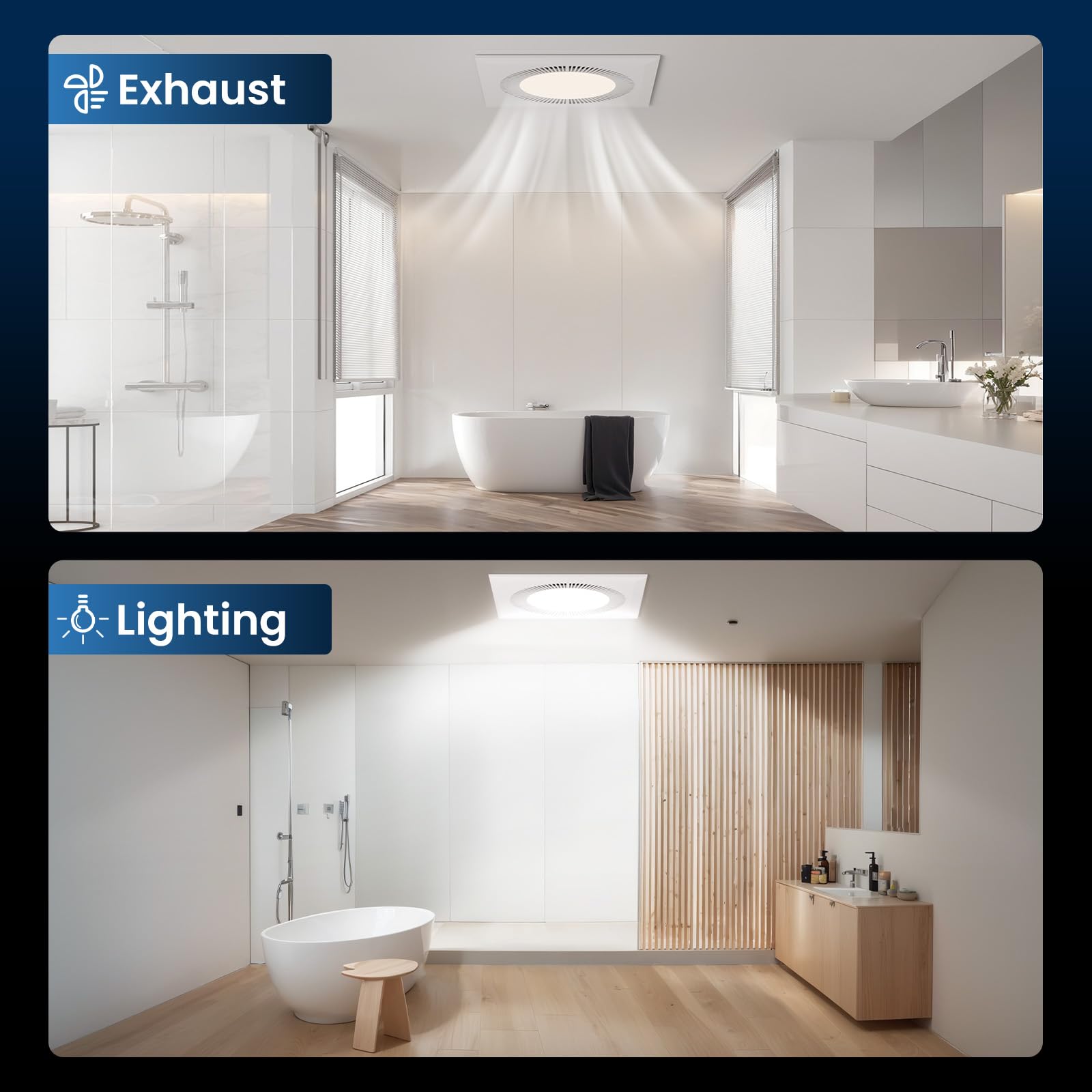 Hon&Guan Quiet Square Bathroom Exhaust Fan with Adjustable LED Light (3000K/4500K/6500K) - 110 CFM, 1.0 Sones - Energy Efficient Ventilation Fan for Home, Hotel & Commercial Bathrooms - Perfect for Moisture Control & Air Circulation