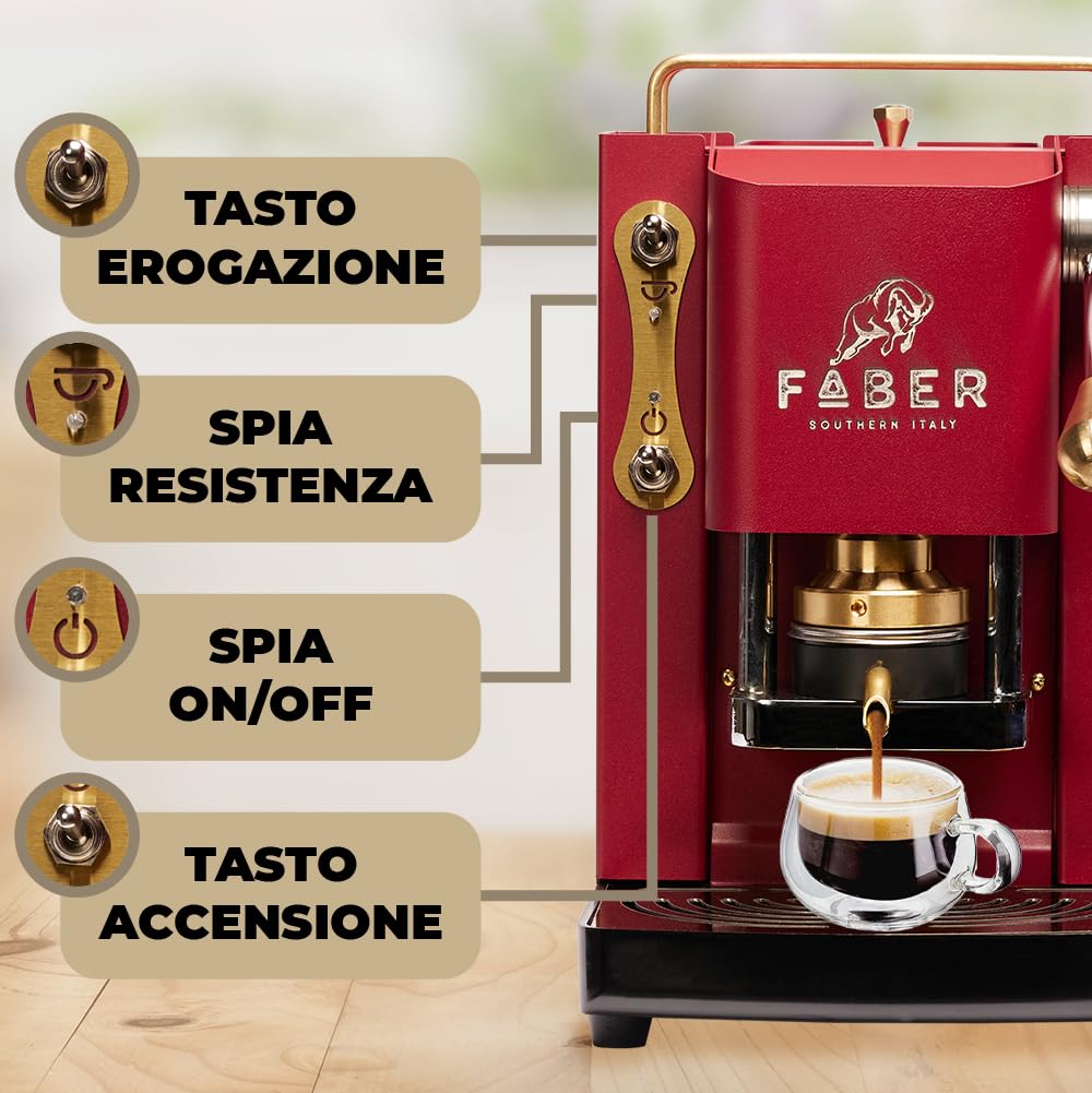 FABER Pro Mini Deluxe Coffee Machine | 44mm Single Serve Espresso Maker | Adjustable Brass Portafilter | Cherry Red | Perfect for Home & Office Use