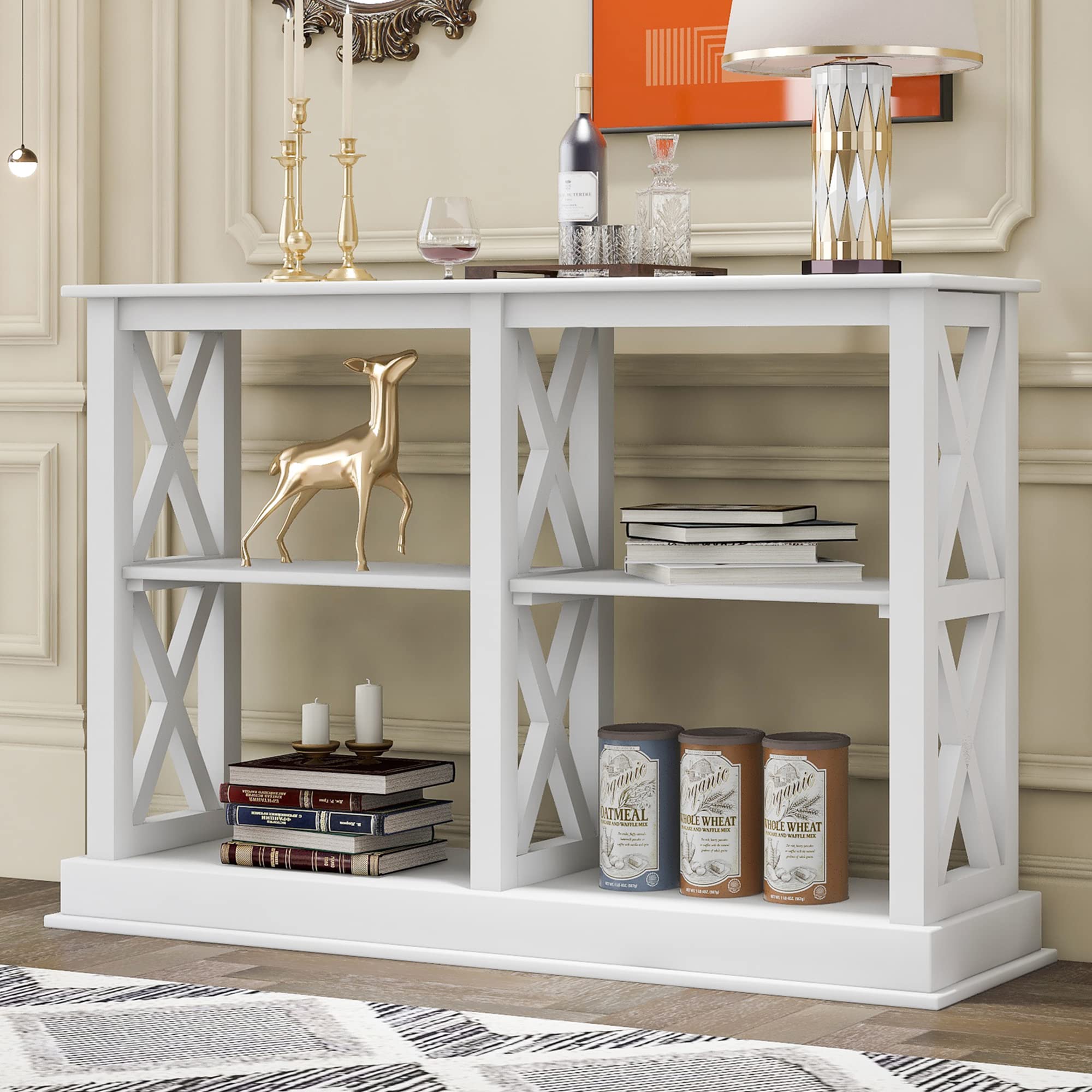 P PURLOVE 3-Tier Open Storage Console Table - Modern X-Leg Design Wooden Sofa Table for Living Room, Entryway & Hallway - Narrow Entryway Furniture (White) - Perfect for Small Spaces & Home Decor Organization