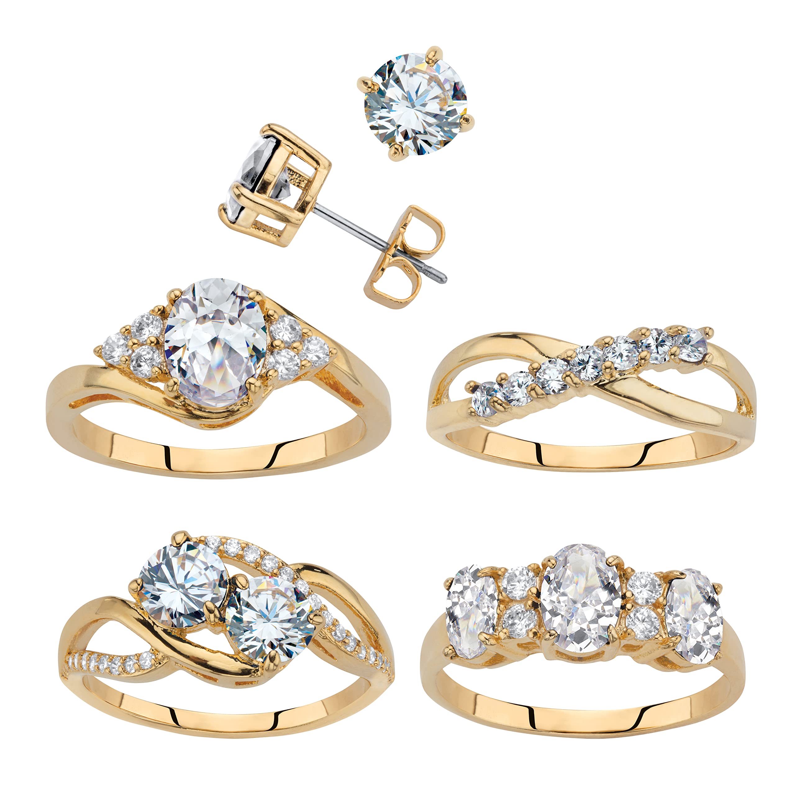PalmBeach Yellow Gold-Plated Round Cubic Zirconia 5-Piece Stud Earrings and Ring Set (Sizes 6-10) - Elegant Jewelry for Women, Perfect for Parties, Weddings & Everyday Wear