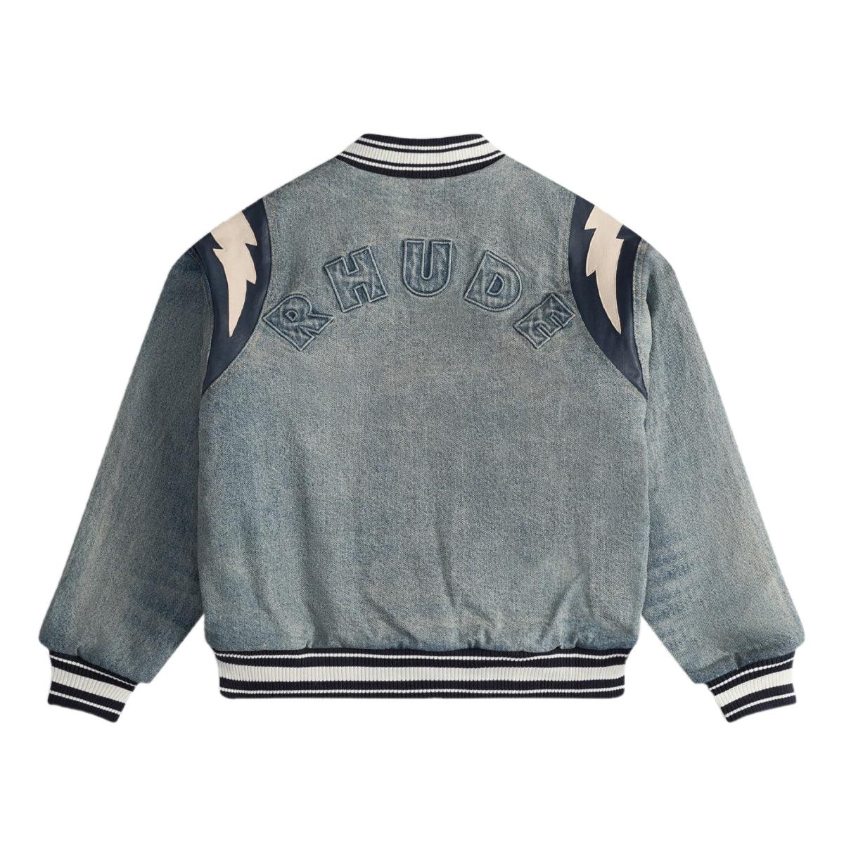 Men's Denim Lightning Varsity Jacket - Dark Indigo Wash Vintage Baseball Jacket for Casual Wear & Street Style Outfits