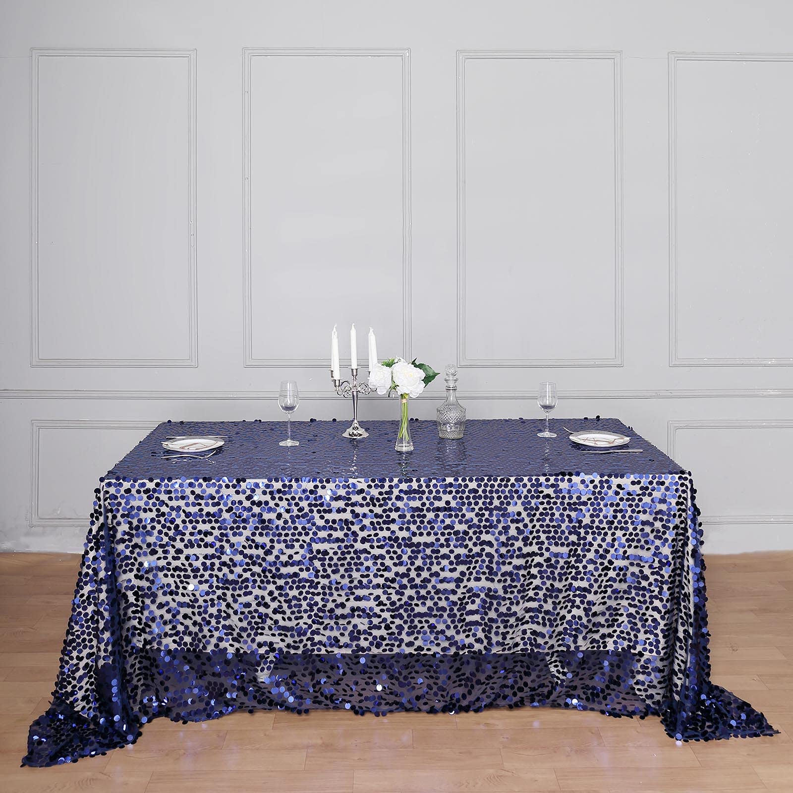 Navy Blue Sequin Tablecloth 90x132 Inch - Wedding & Party Decor