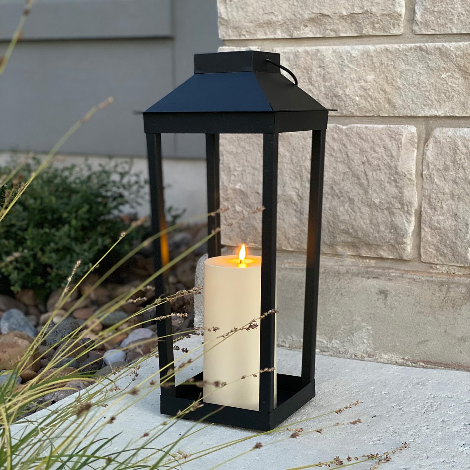 19 Inch Black Metal Solar Powered Outdoor Lantern - Open Frame Design with Flickering LED & Dusk to Dawn Timer | Flameless Candle Lantern for Porch, Patio, Garden & Pathway Lighting | Weather Resistant Decorative Lighting for Outdoor Spaces