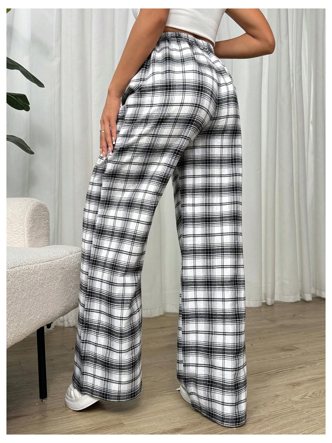 SHENHE Women's Plaid High Waist Drawstring Wide Leg Loose Casual Long Pants - Comfortable Lounge Pants for Home, Office & Travel