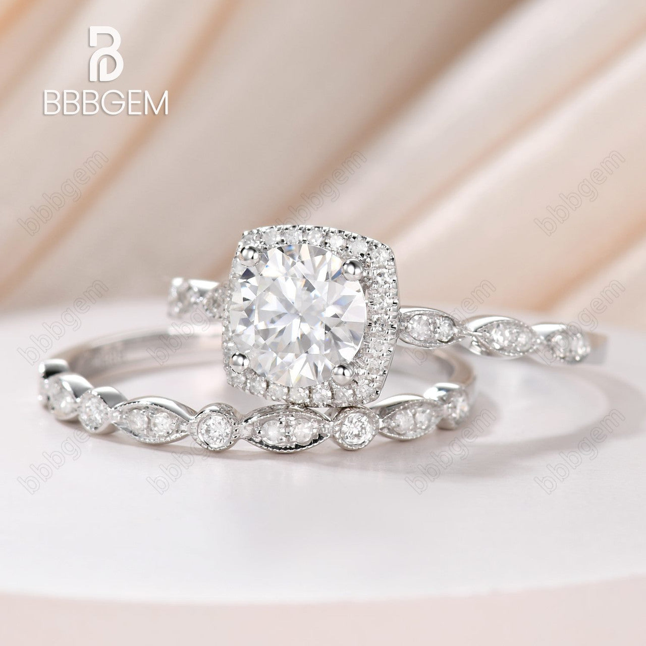 Art Deco Moissanite Engagement Ring Set with 6.5mm Round Cut & Cushion Diamond Halo - 14k White Gold Marquise Wedding Band for Women | Perfect for Proposals, Anniversaries & Bridal Jewelry
