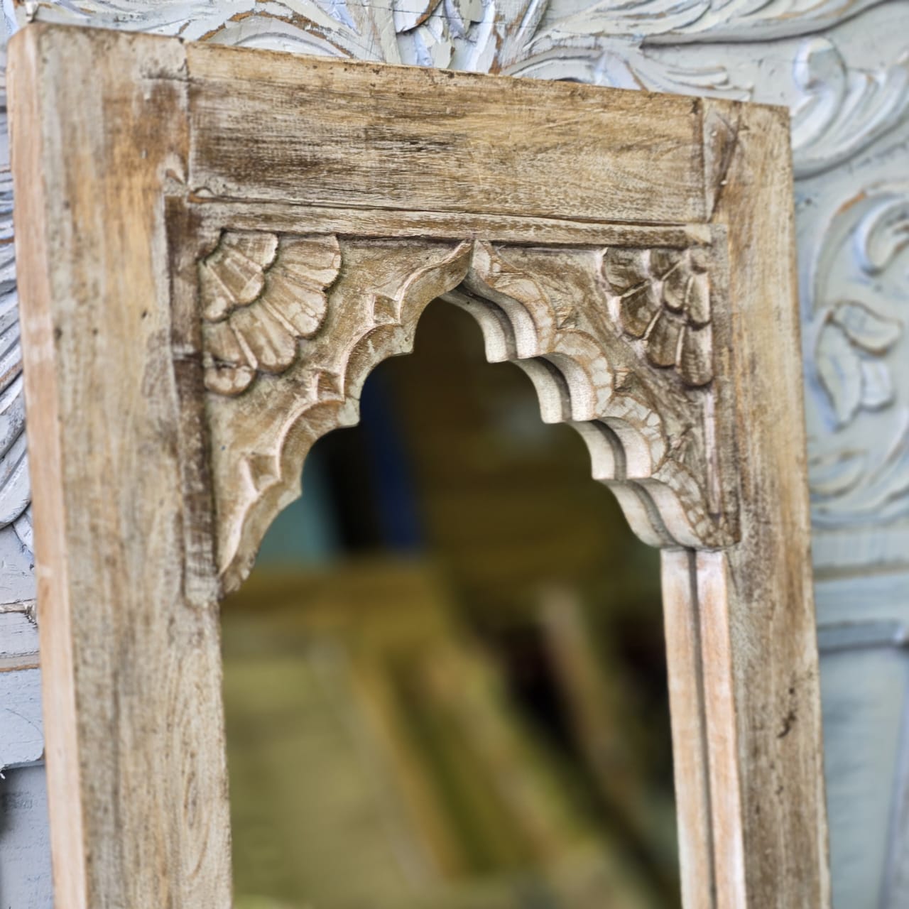 Handmade Floral Carved Solid Wood Indian Furniture Mirror Frame - Rustic Natural Wooden Wall Mirror for Bedroom, Living Room & Home Decor