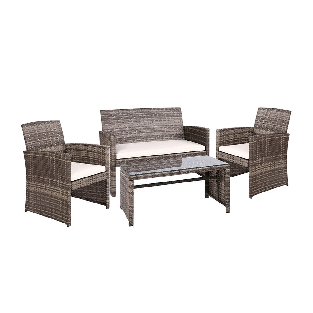 Gardeon 4-Piece Outdoor Patio Dining Set - Rattan Wicker Lounge Furniture in Mixed Grey - Perfect for Backyard, Garden, and Poolside Relaxation
