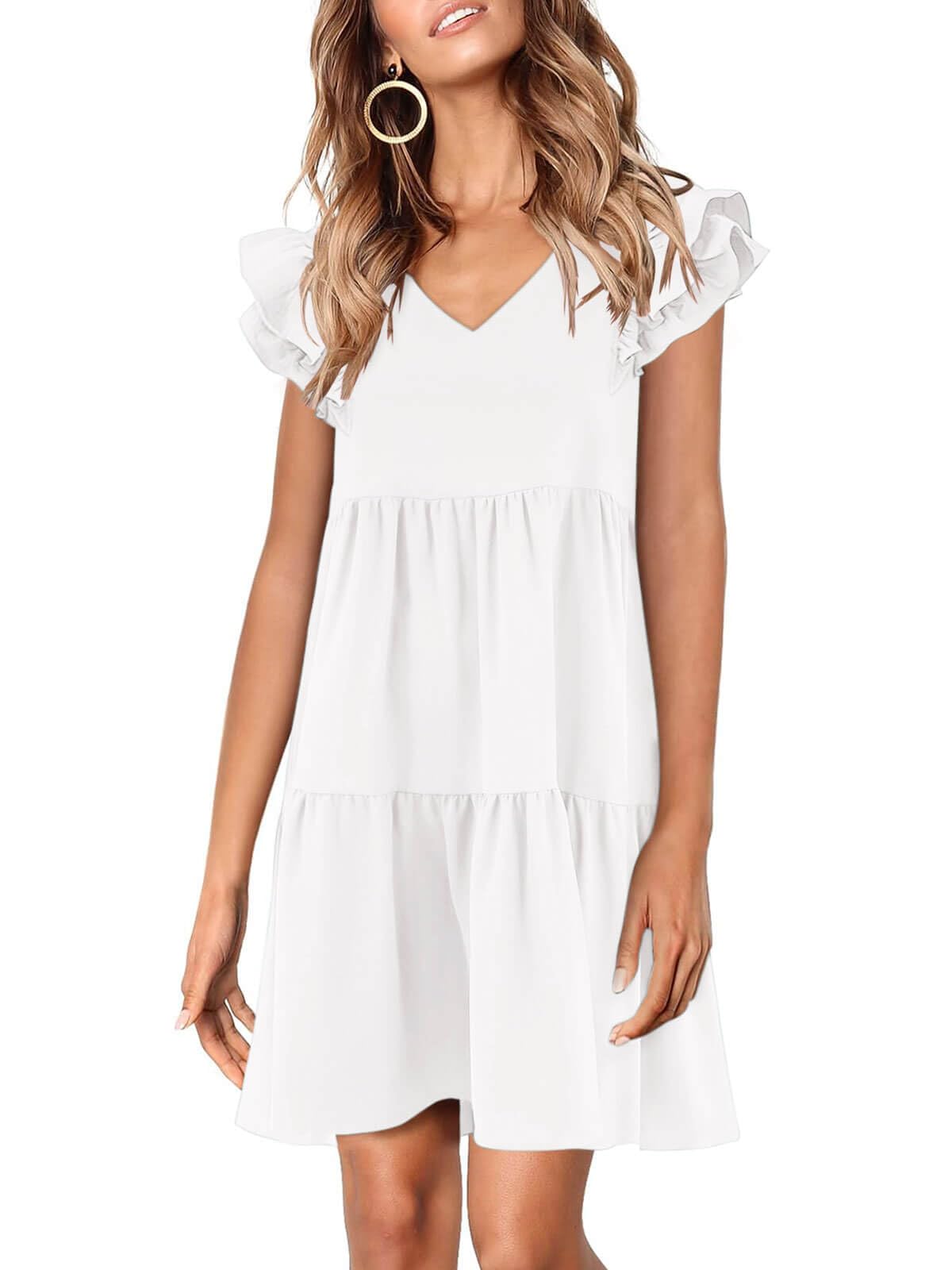 Zwurew Women's Summer Babydoll Dress 2025 - Cute Ruffle Cap Sleeve V-Neck Flowy Swing Mini Sundress for Beach, Vacation & Casual Outings