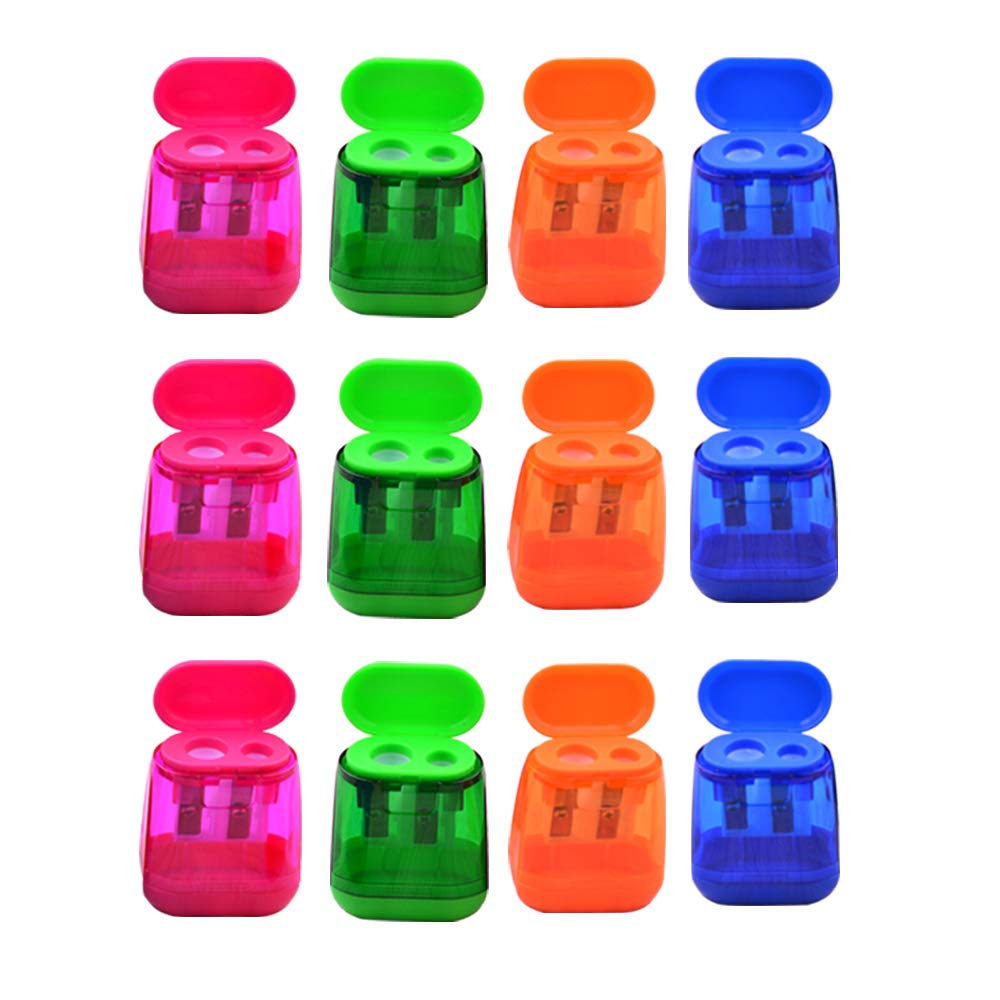 AUSTARK 12-Pack Assorted Color Dual Hole Manual Pencil Sharpeners with Lid - Bulk School, Office & Home Supplies for Kids, Students & Artists | Perfect for Classrooms, Art Projects & Homework Stations
