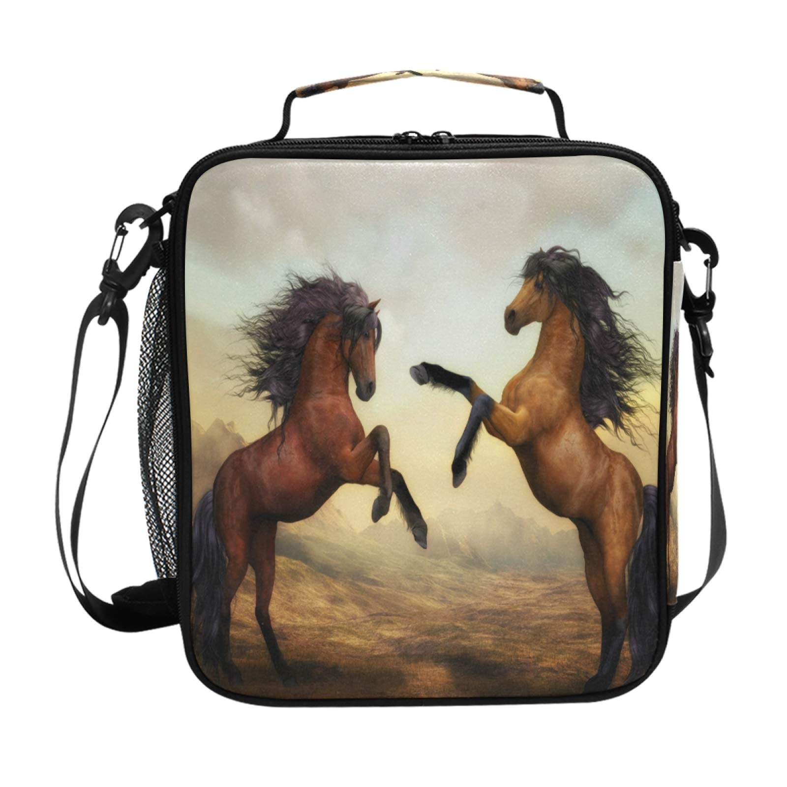 Insulated Thermal Lunch Bag for Adults & Kids - Reusable Wide-Open Cooler Tote with Adjustable Shoulder Strap & Drink Holder - Perfect for Work, School, Picnics & Outdoor Activities - Desert Animal Horse Design for Men & Women
