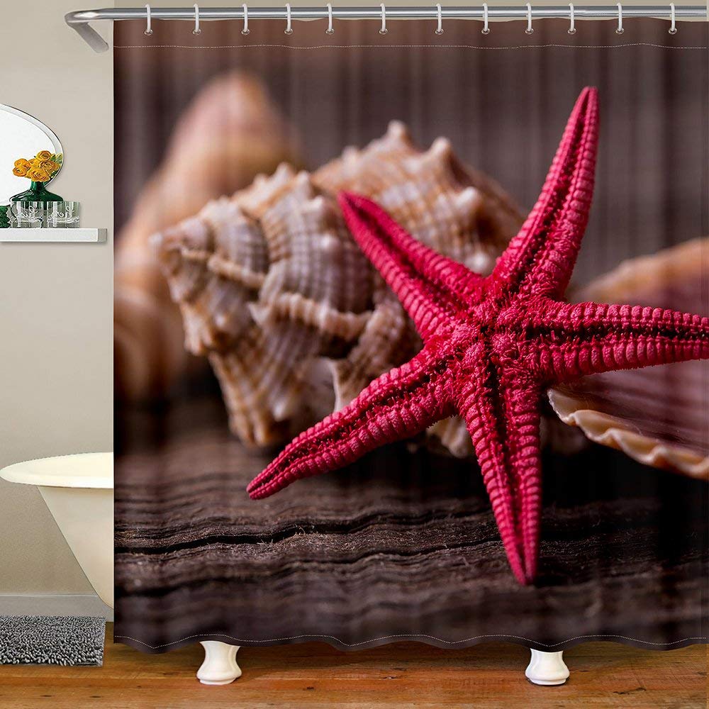 Starfish & Conch Snail Waterproof Shower Curtain - 72x72 Inches, Fuchsia & Light Yellow Bathroom Decor, Washable Polyester Fabric with Hooks - Perfect for Beach-Themed Bathrooms & Coastal Home Decor