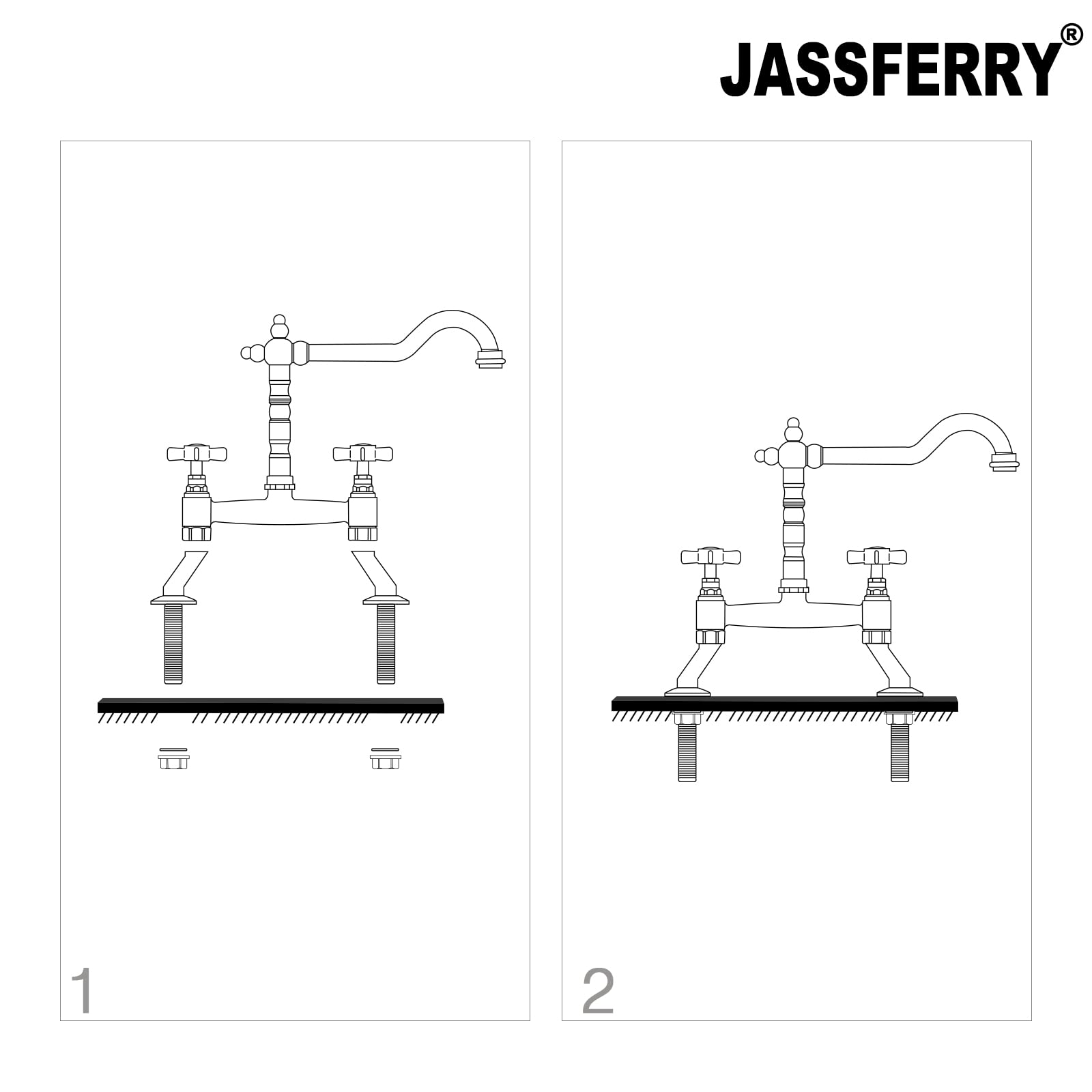 JASSFERRY Classic Deck Mixer Chrome Cross Handles Deck Mounted Monobloc Traditional 2-Hole Kitchen Sink Faucet with Swivel Spout - Perfect for Modern Farmhouse, RV & Apartment Kitchen Renovations