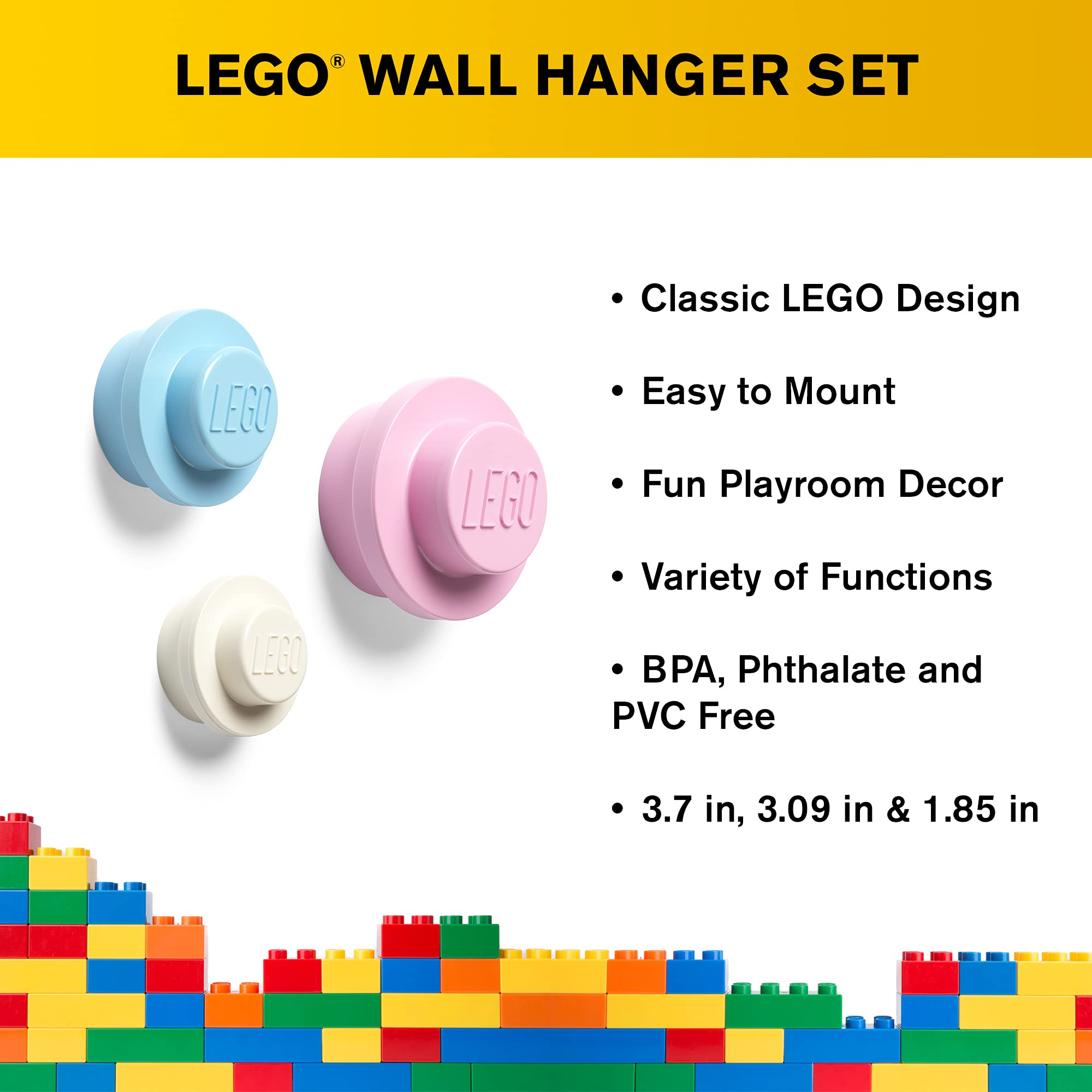 ROOM Copenhagen Lego Wall Hanger Set - Decorative Playroom Utility Hooks for Kids (Light Blue/Pink/White) - Perfect for Organizing Toys, Hats & Backpacks in Bedrooms & Play Areas
