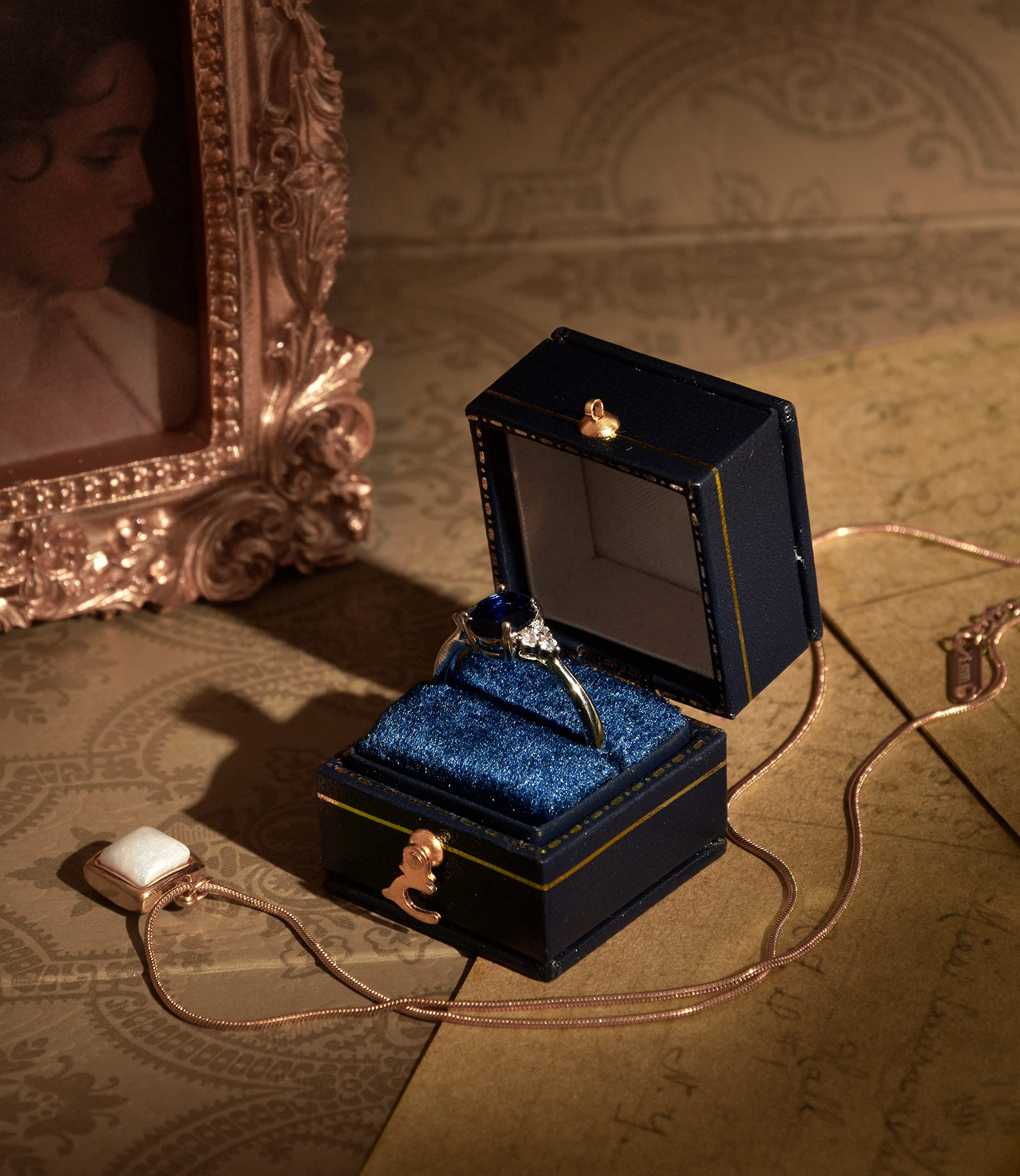 TAIMY Antique Victorian Style Engagement Ring Box - Handcrafted Mini Jewelry Keepsake Box, Square Blue Dresser Tabletop Decor for Bedroom, Wedding Proposal, Gift Giving & Special Occasions
