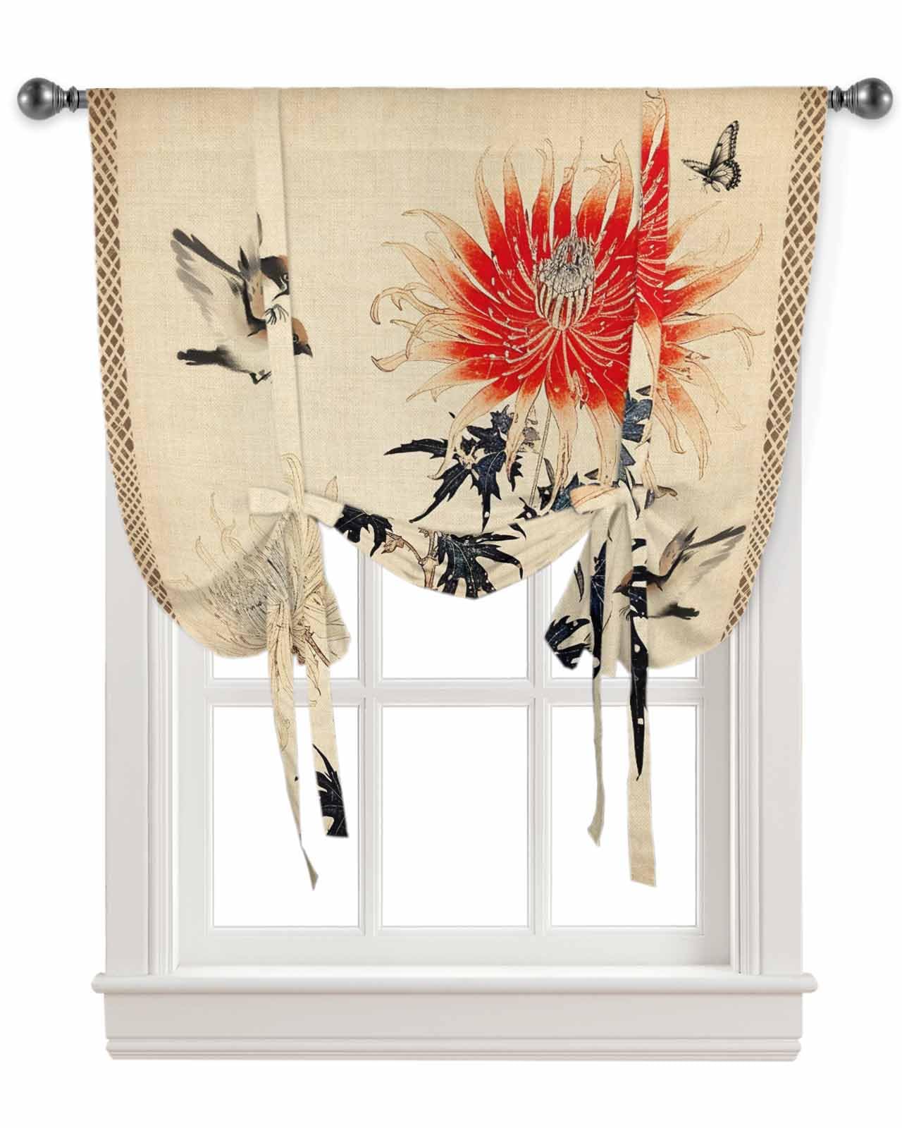 Vintage Red Floral Tie-Up Curtains for Windows - 42