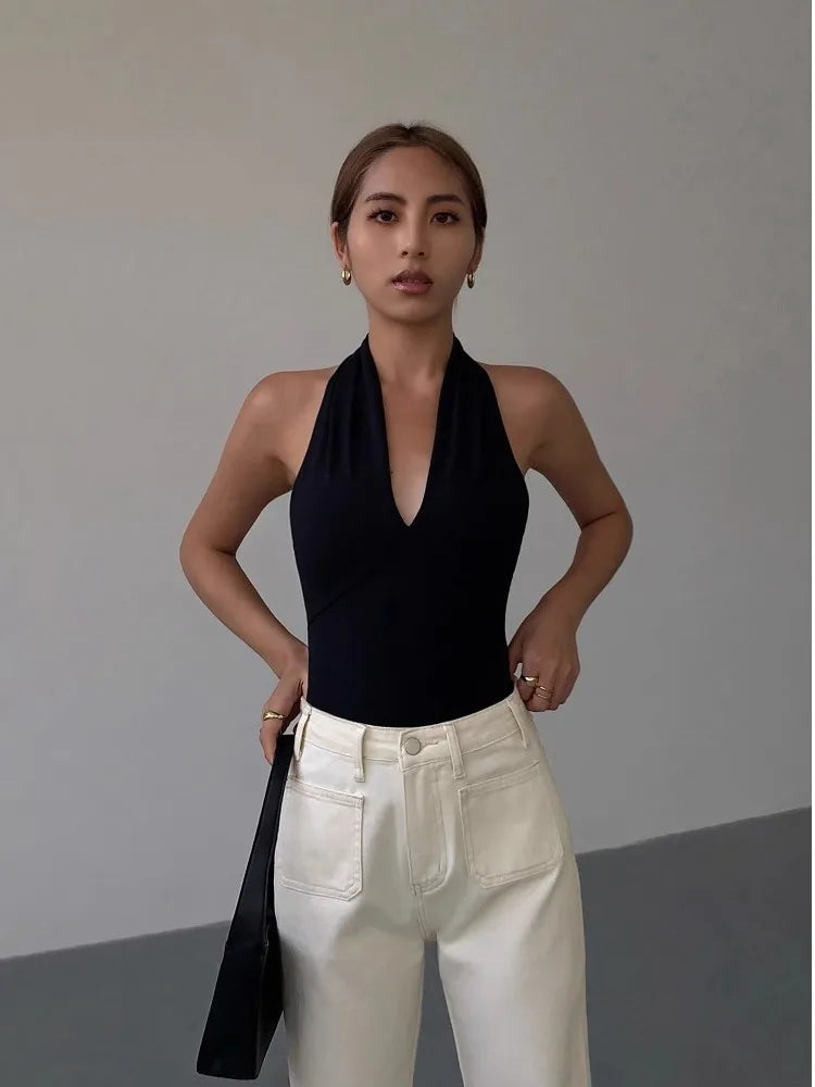 Sexy Black Deep V Neck Sleeveless Top for Women - Summer Spaghetti Strap Open Back Blouse | Perfect for Beach Parties, Night Out & Date Night