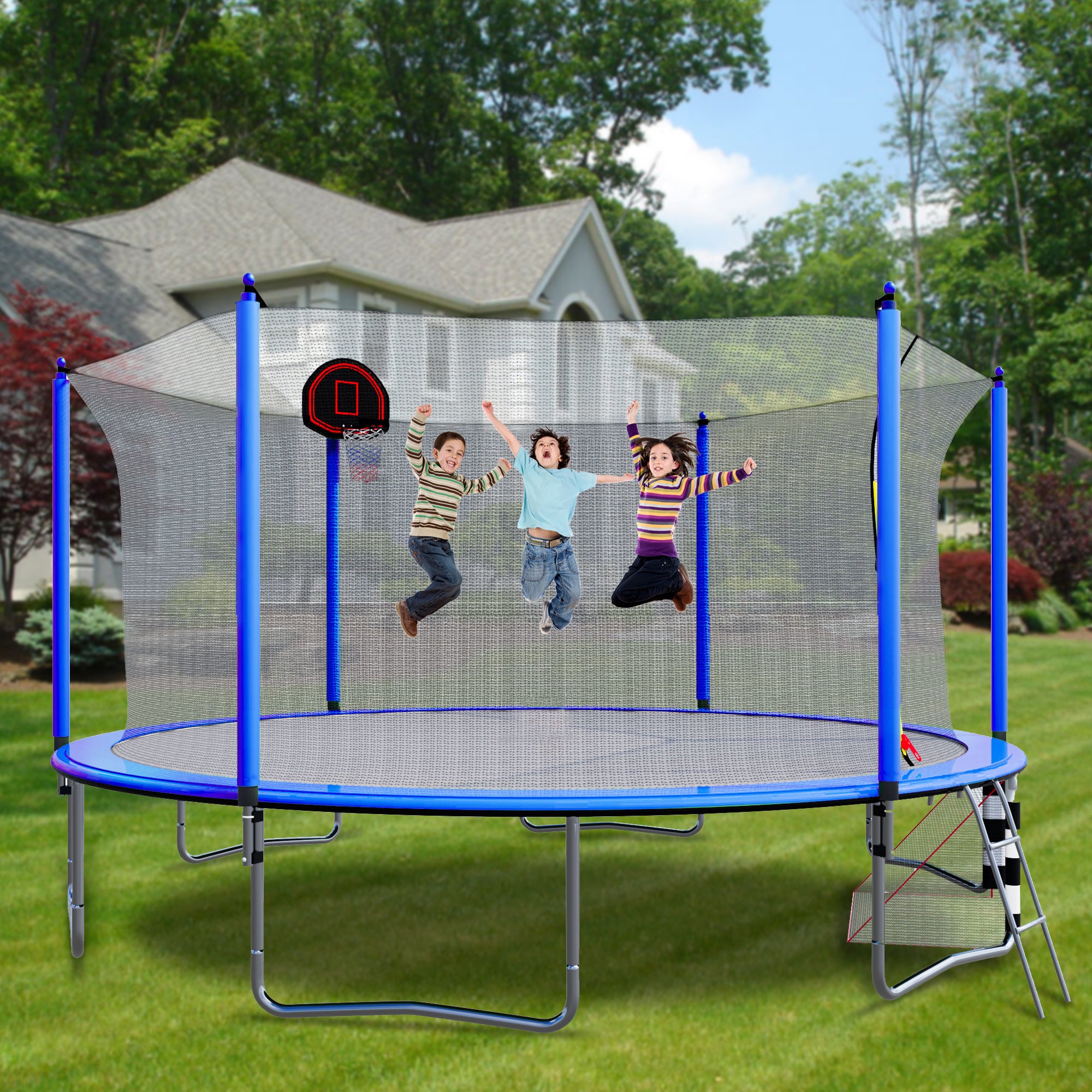 16FT Trampoline with Basketball Hoop, Pump & Ladder - Includes Inner Safety Enclosure & Soccer Goal (Blue) - Perfect for Backyard Fun, Outdoor Exercise & Family Bonding Activities