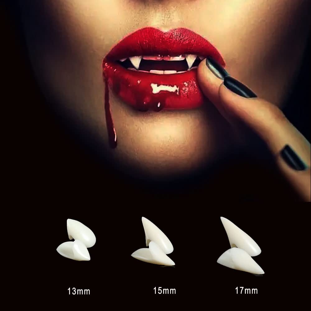 Vampire Fangs with Adhesive - 3 Pairs of Adjustable Fake Teeth in Different Sizes for Halloween Costume, Cosplay & Masquerade Parties - Perfect for Vampire Themed Events, Horror Nights and Halloween Makeup Transformations
