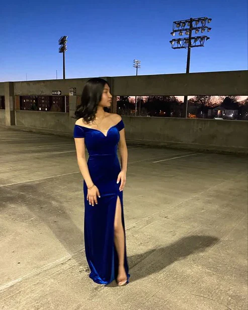 Elegant Off-the-Shoulder Blue Velvet Prom Dress with High Slit - Mermaid Evening Gown J3986 for Homecoming, Formal Parties & Special Occasions