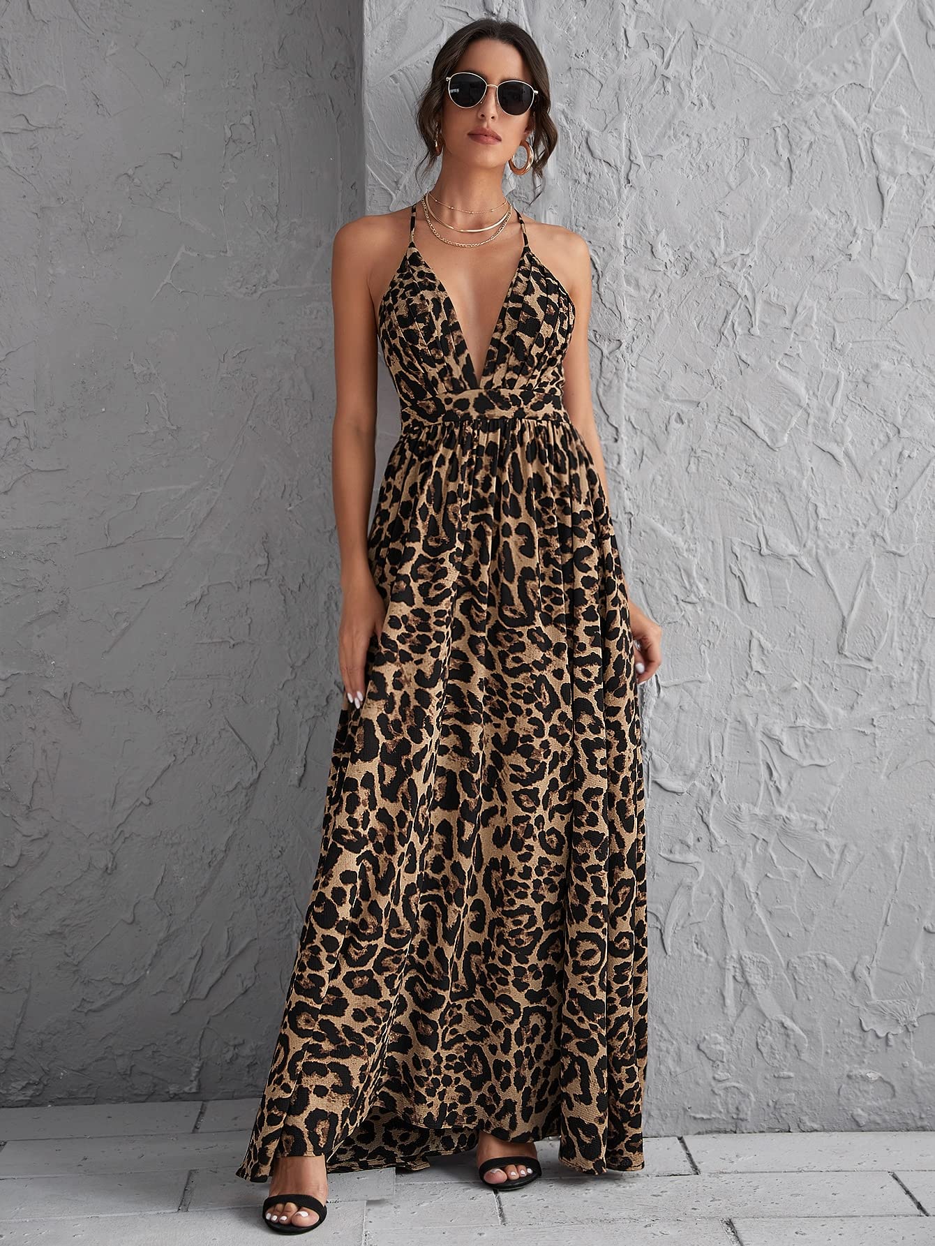 FDSUFDY Women's Plunging Neck Crisscross Open Back Leopard Print Dress - Sexy Party & Evening Cocktail Dress (Multicolor, Size Large) | Perfect for Night Out, Club Wear, Date Night & Special Occasions
