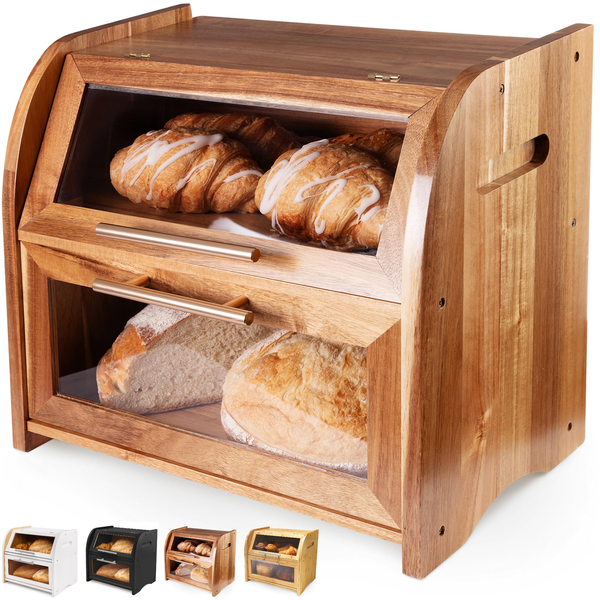 Premium Acacia Wood Bread Box for Kitchen Countertop - Extra Large 2-Tier Bread Storage with Clear View Windows & Ventilation | Keeps Bread, Bagels, Rolls Fresh | Easy Assembly | Perfect for Bakeries, Restaurants & Home Kitchens