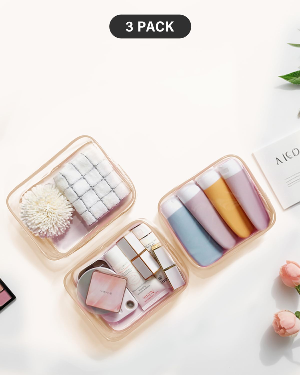 TSA Approved Clear Toiletry Bag - Waterproof Travel Cosmetic Pouch for Women & Men, Perfect for Airplane Essentials (Macaron Pink Purple Blue)