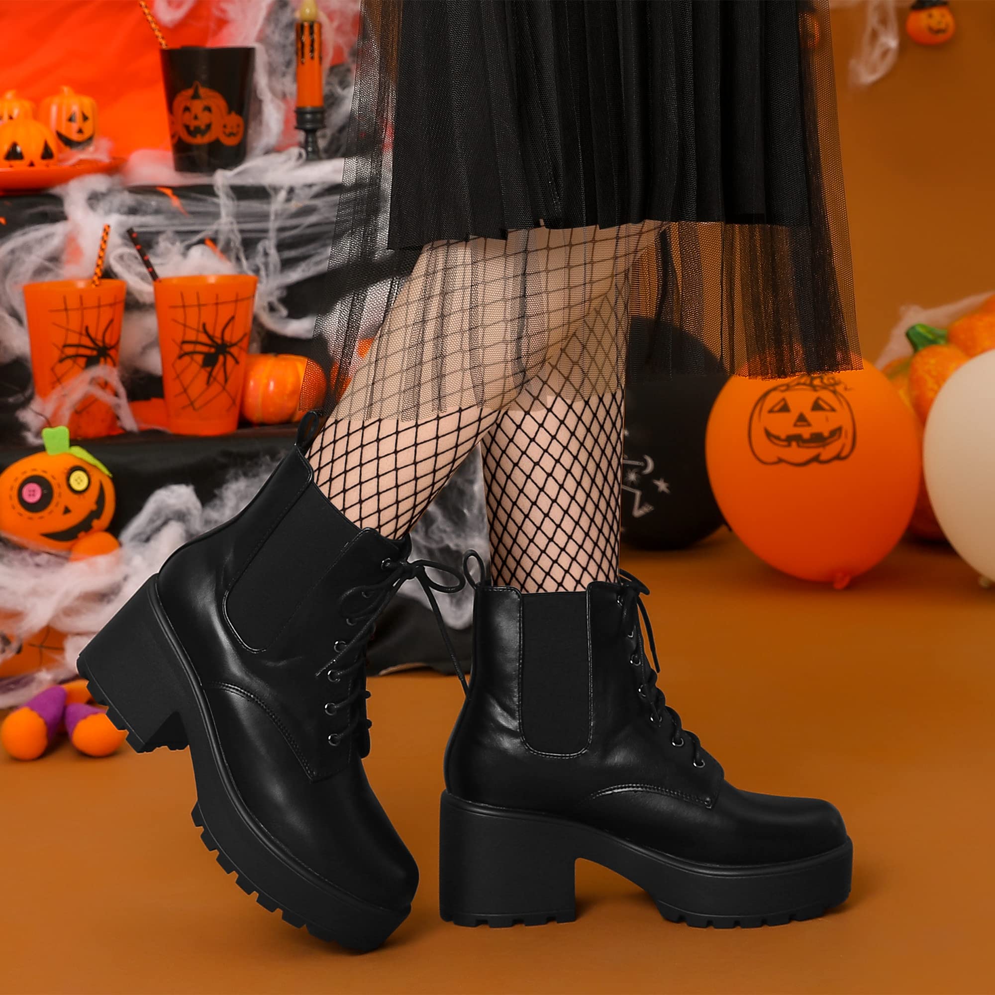 Allegra K Women's Chelsea Platform Chunky Heel Combat Boots - Stylish & Comfortable Ankle Boots for Fall & Winter Fashion, Perfect for Casual Outfits, Work & Night Out