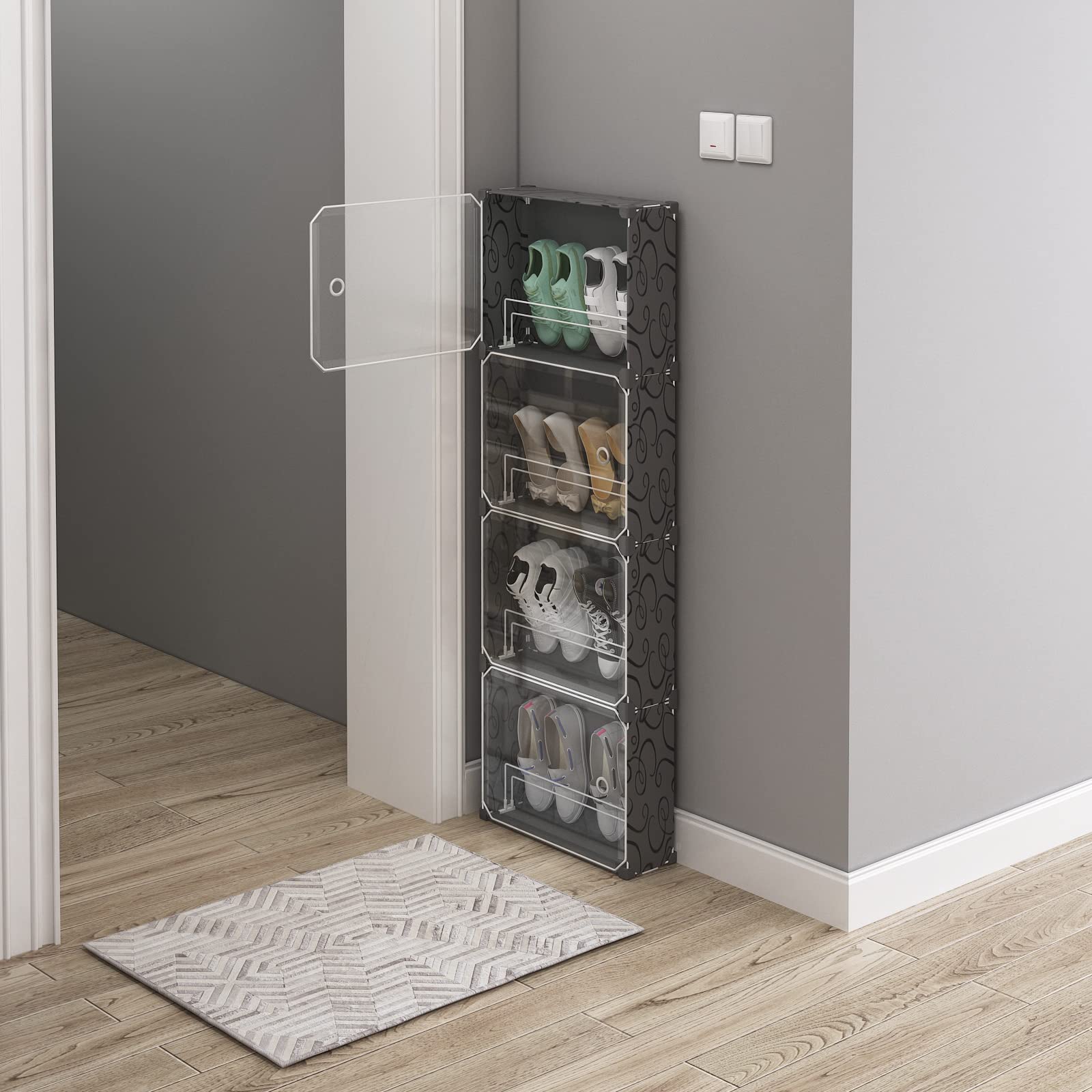 MAGINELS 4-Tier Slim Shoe Rack Organizer with Cover - Space-Saving Shoe Storage Cabinet for Closet, Entryway, Behind The Door - Black | Perfect for Small Spaces, Apartments & Dorm Rooms
