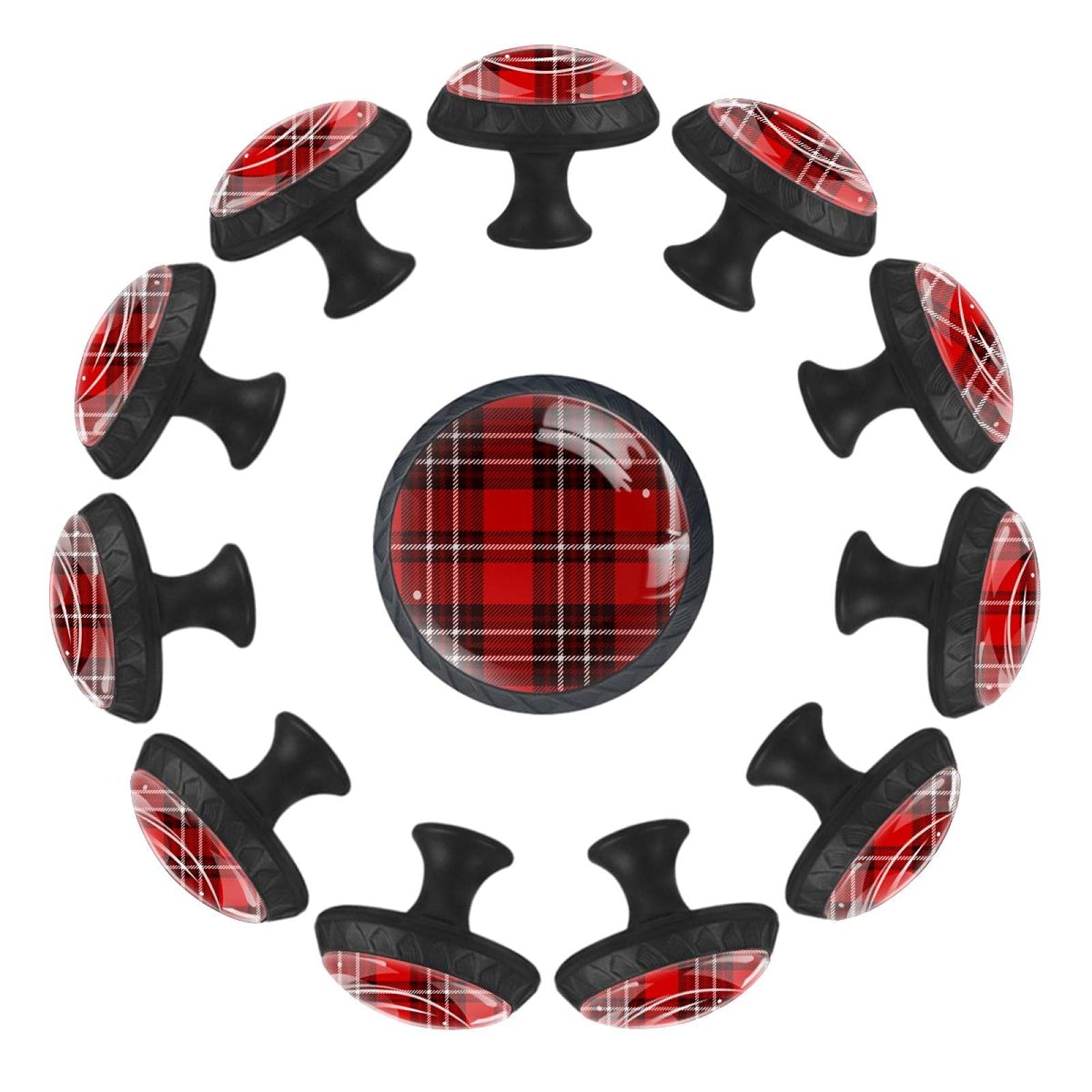 12 Pack Burgundy Red & White Plaid Cabinet Knobs - Drawer & Door Pulls for Kitchen & Dresser