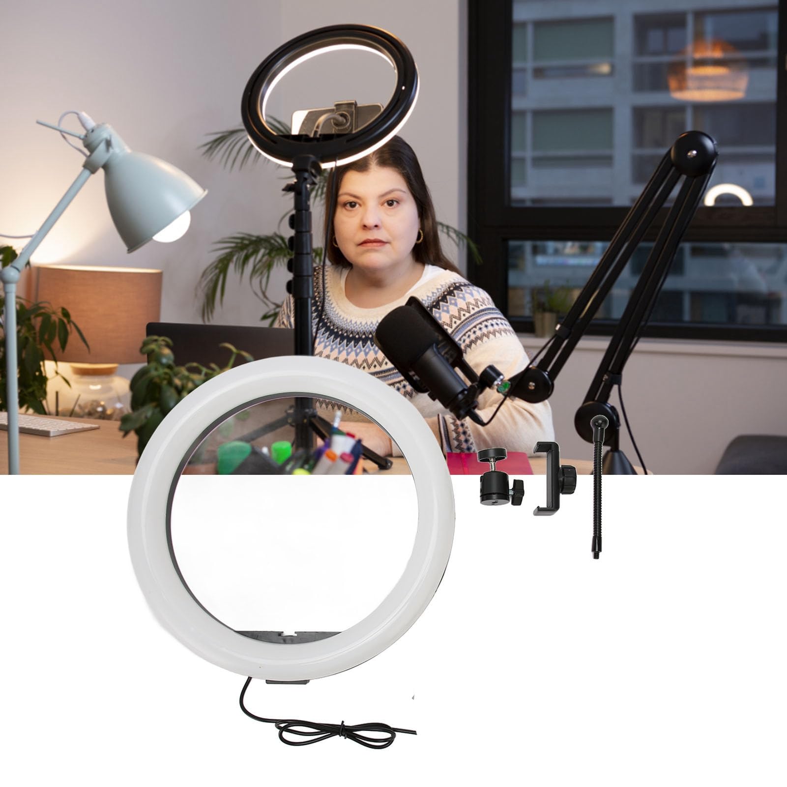 10W Portable LED Ring Light with Phone Holder - Adjustable Brightness 3000-600K for Selfies & Video Calls