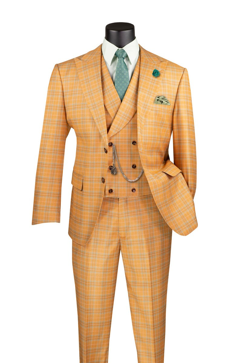 Modern Fit Windowpane 3-Piece Suit in Orange | Slim Fit Business Suit for Men | Perfect for Weddings, Office & Formal Events