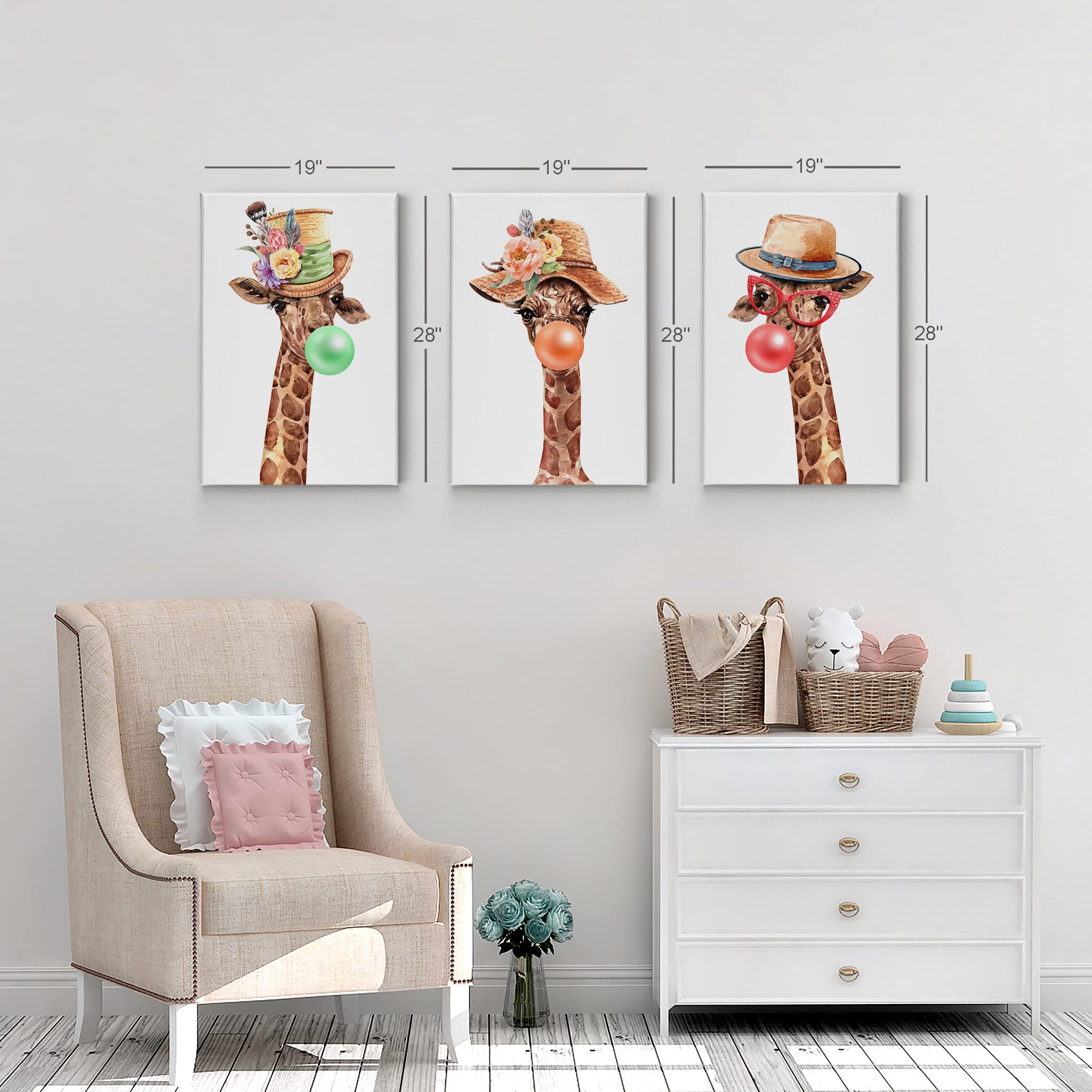 Giraffe with Hat Chewing Bubble Gum Canvas Wall Art Set - 3 Piece Animal Pop Art Prints for Living Room, Bedroom & Nursery Decor (17x11 inches) - Vibrant Kids Room Wall Decor, Unique Gift for Animal Lovers
