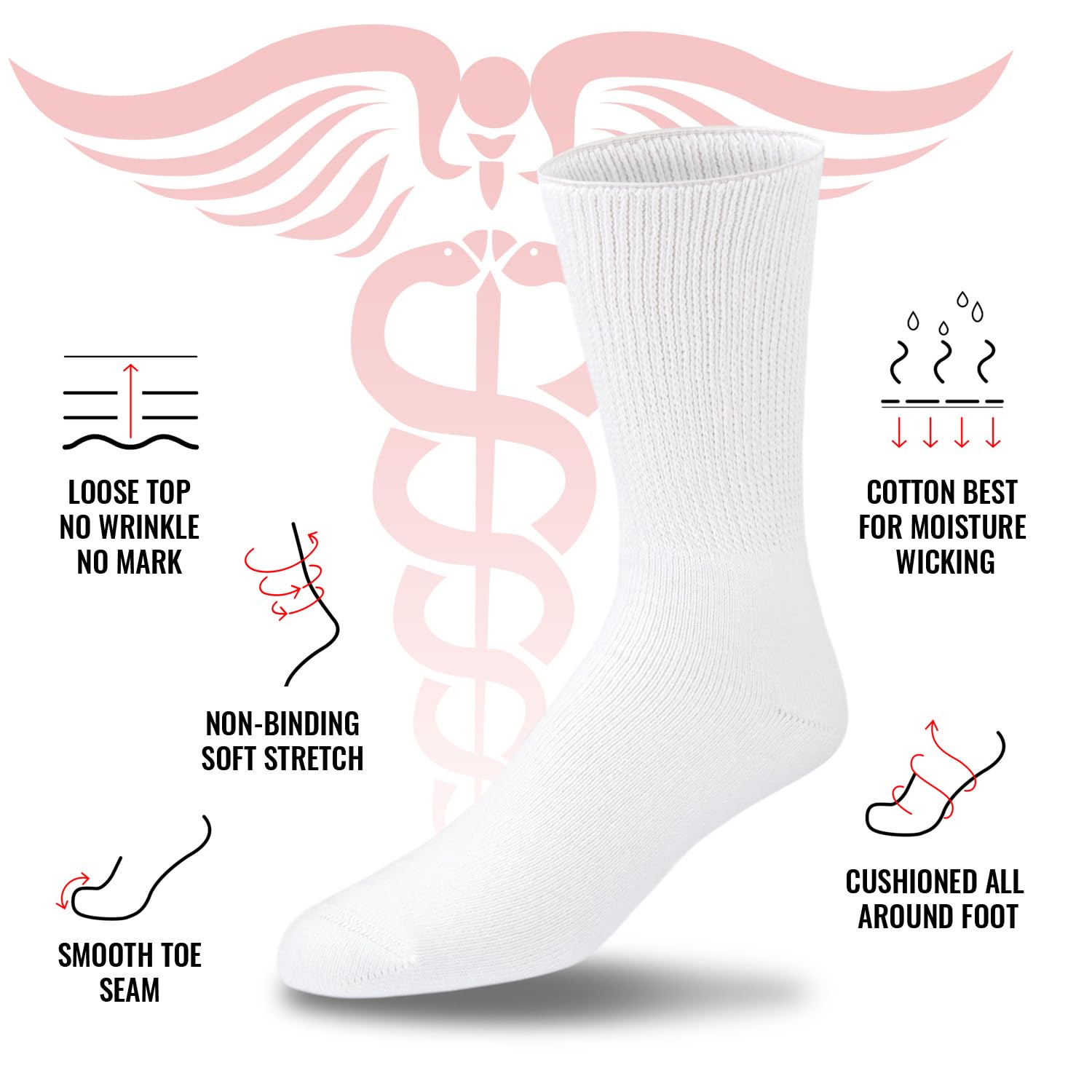 3 Pairs Premium Cotton Diabetic Socks for Men & Women - Loose Top Crew Socks for Neuropathy, Swelling Relief (Size 13-16, White) - Ideal for Daily Wear, Work & Travel Comfort