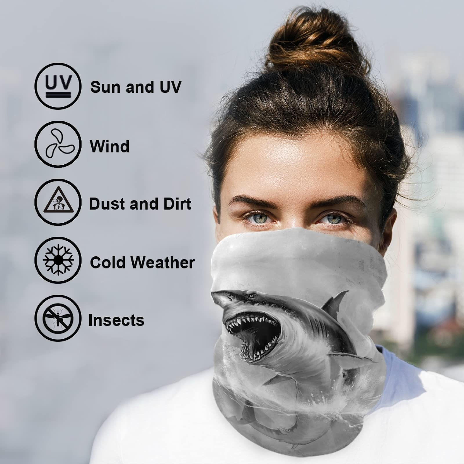 Great Shark Face Mask - Unisex Bandana Neck Gaiter with Open Mouth Teeth Design, Breathable & Lightweight Headwear, Reusable Balaclava Scarf for Men & Women - Perfect for Outdoor Sports, Cycling, Running, and Sun Protection